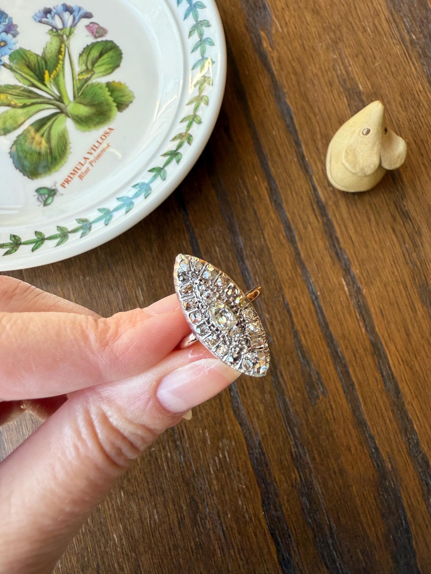 Antique 1.5 Carat Mixed Rose Old Mine Cut DIAMOND Navette Ring Champagne Light Brown Green Yellow Chunky Cluster 18k Gold Silver Cobblestone