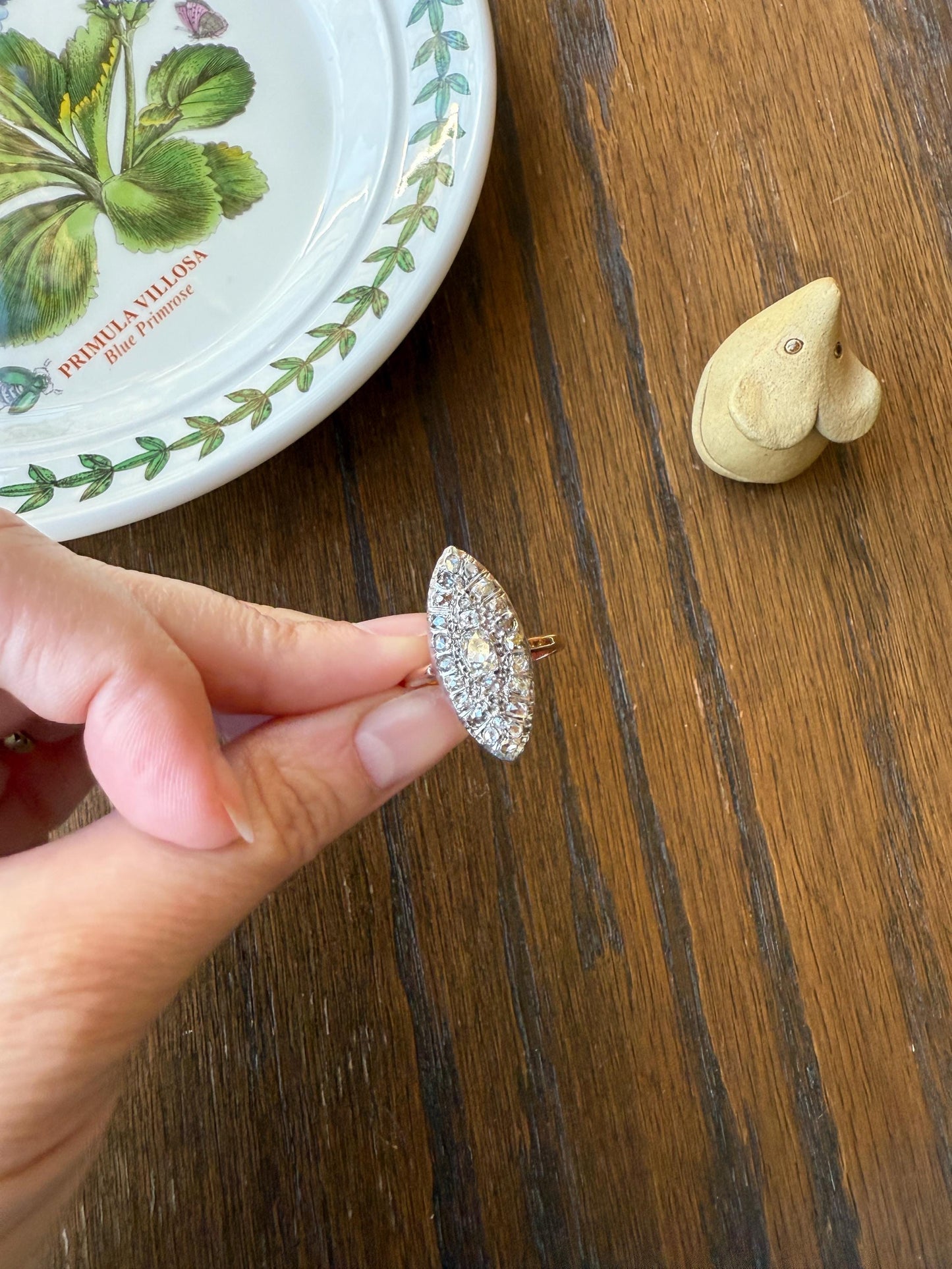 Antique 1.5 Carat Mixed Rose Old Mine Cut DIAMOND Navette Ring Champagne Light Brown Green Yellow Chunky Cluster 18k Gold Silver Cobblestone