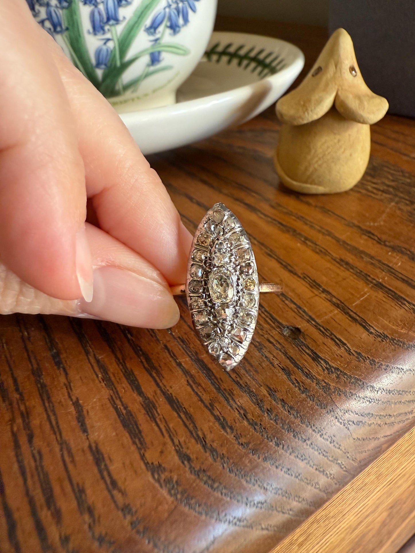 Antique 1.5 Carat Mixed Rose Old Mine Cut DIAMOND Navette Ring Champagne Light Brown Green Yellow Chunky Cluster 18k Gold Silver Cobblestone