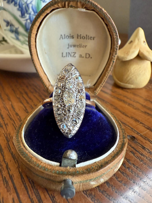 Antique 1.5 Carat Mixed Rose Old Mine Cut DIAMOND Navette Ring Champagne Light Brown Green Yellow Chunky Cluster 18k Gold Silver Cobblestone