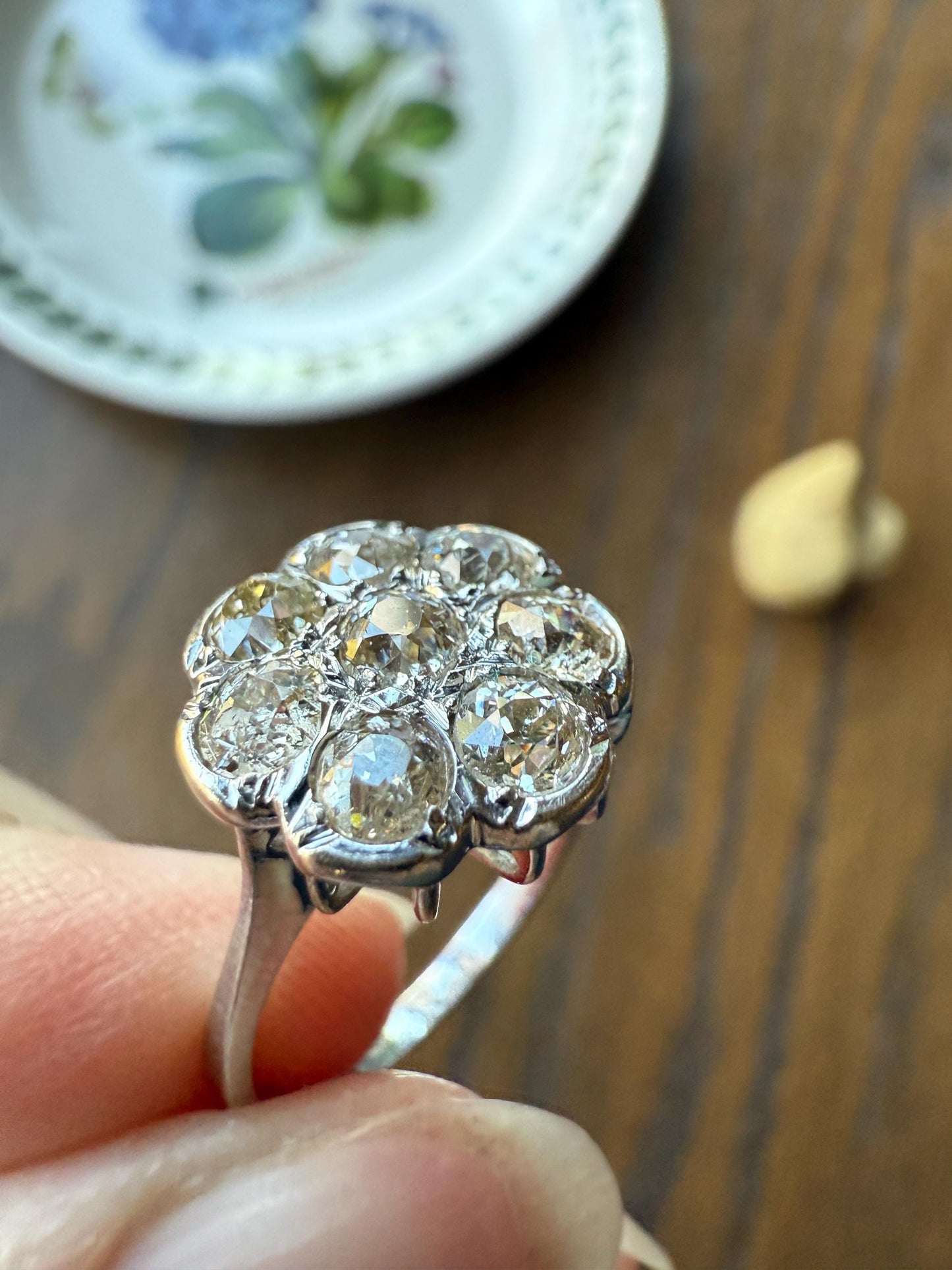 Warm Antique 1 3/4 Carat Old Mine Cut DIAMOND Daisy Flower Cluster 18k White Gold French Art Deco Tall Domed Basket Setting Stacker 1.75Ctw