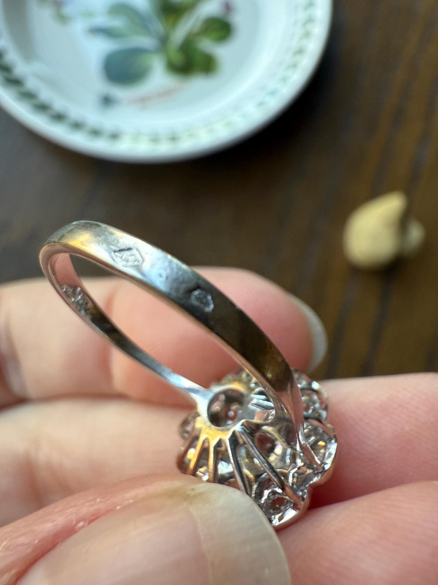 Warm Antique 1 3/4 Carat Old Mine Cut DIAMOND Daisy Flower Cluster 18k White Gold French Art Deco Tall Domed Basket Setting Stacker 1.75Ctw