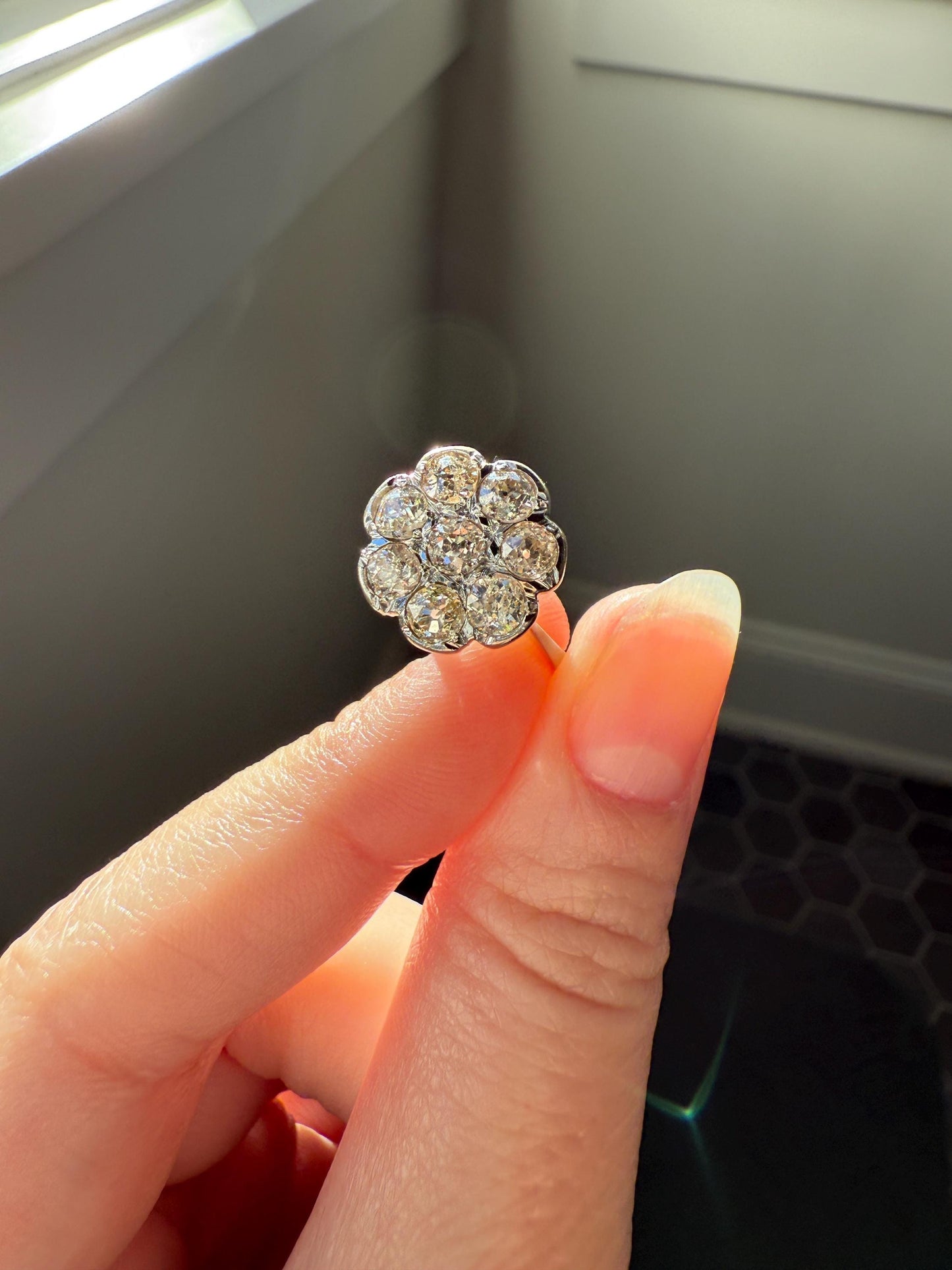 Warm Antique 1 3/4 Carat Old Mine Cut DIAMOND Daisy Flower Cluster 18k White Gold French Art Deco Tall Domed Basket Setting Stacker 1.75Ctw