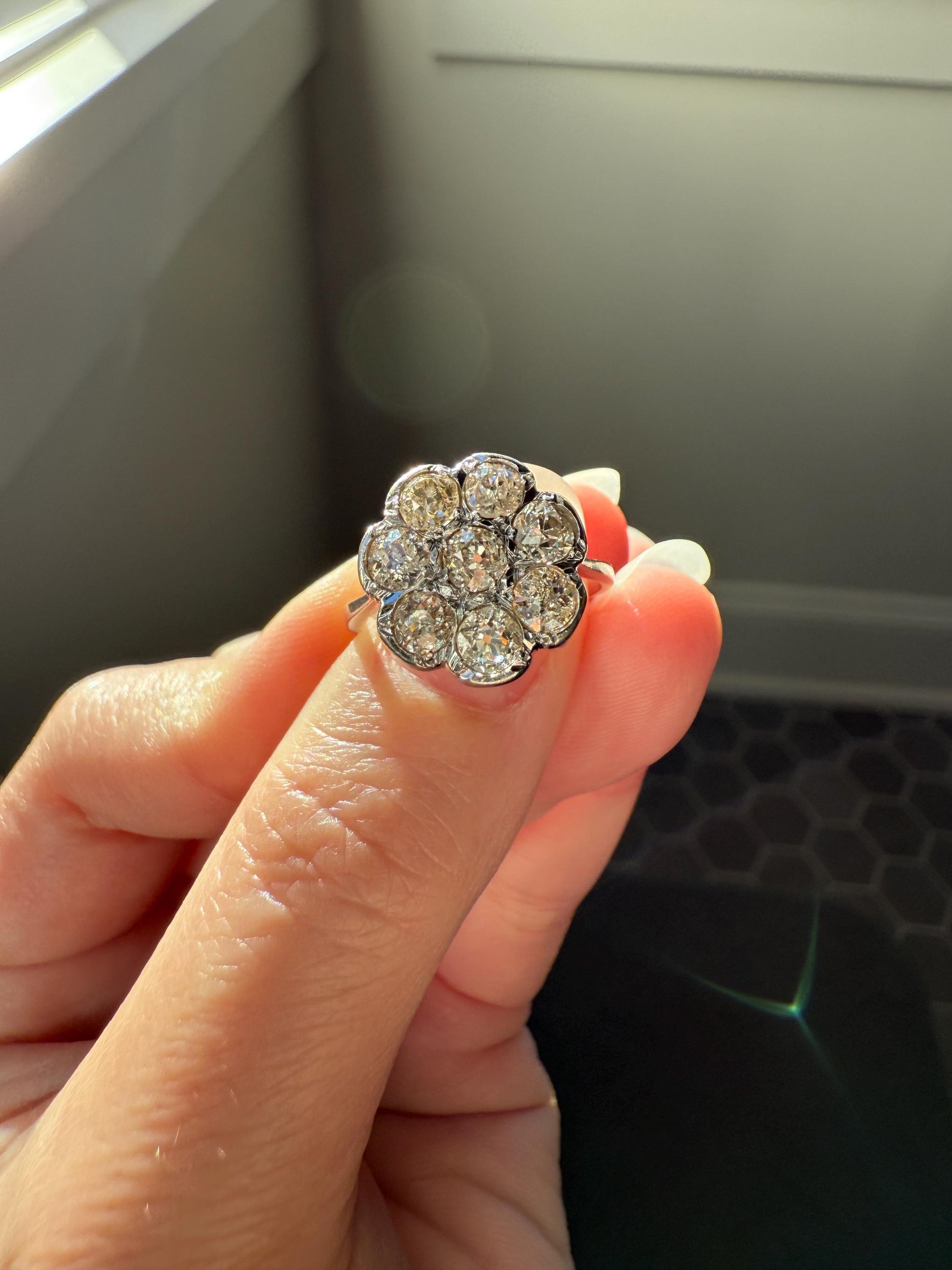 Warm Antique 1 3/4 Carat Old Mine Cut DIAMOND Daisy Flower Cluster 18k White Gold French Art Deco Tall Domed Basket Setting Stacker 1.75Ctw