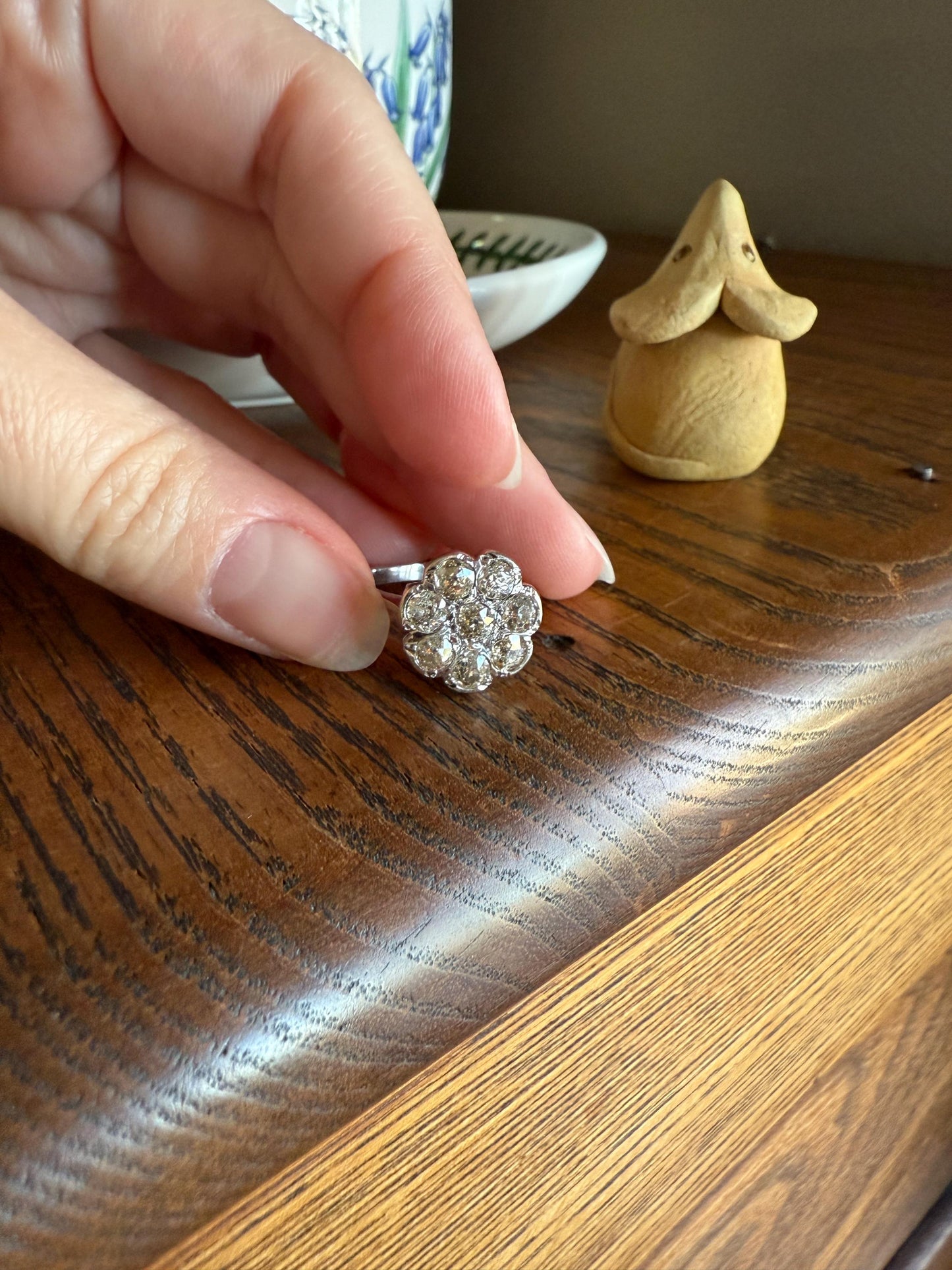 Warm Antique 1 3/4 Carat Old Mine Cut DIAMOND Daisy Flower Cluster 18k White Gold French Art Deco Tall Domed Basket Setting Stacker 1.75Ctw
