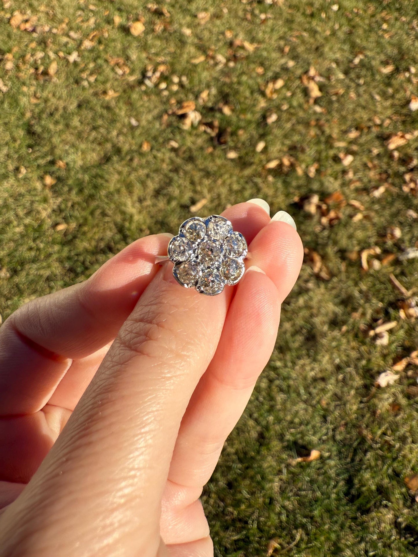Warm Antique 1 3/4 Carat Old Mine Cut DIAMOND Daisy Flower Cluster 18k White Gold French Art Deco Tall Domed Basket Setting Stacker 1.75Ctw