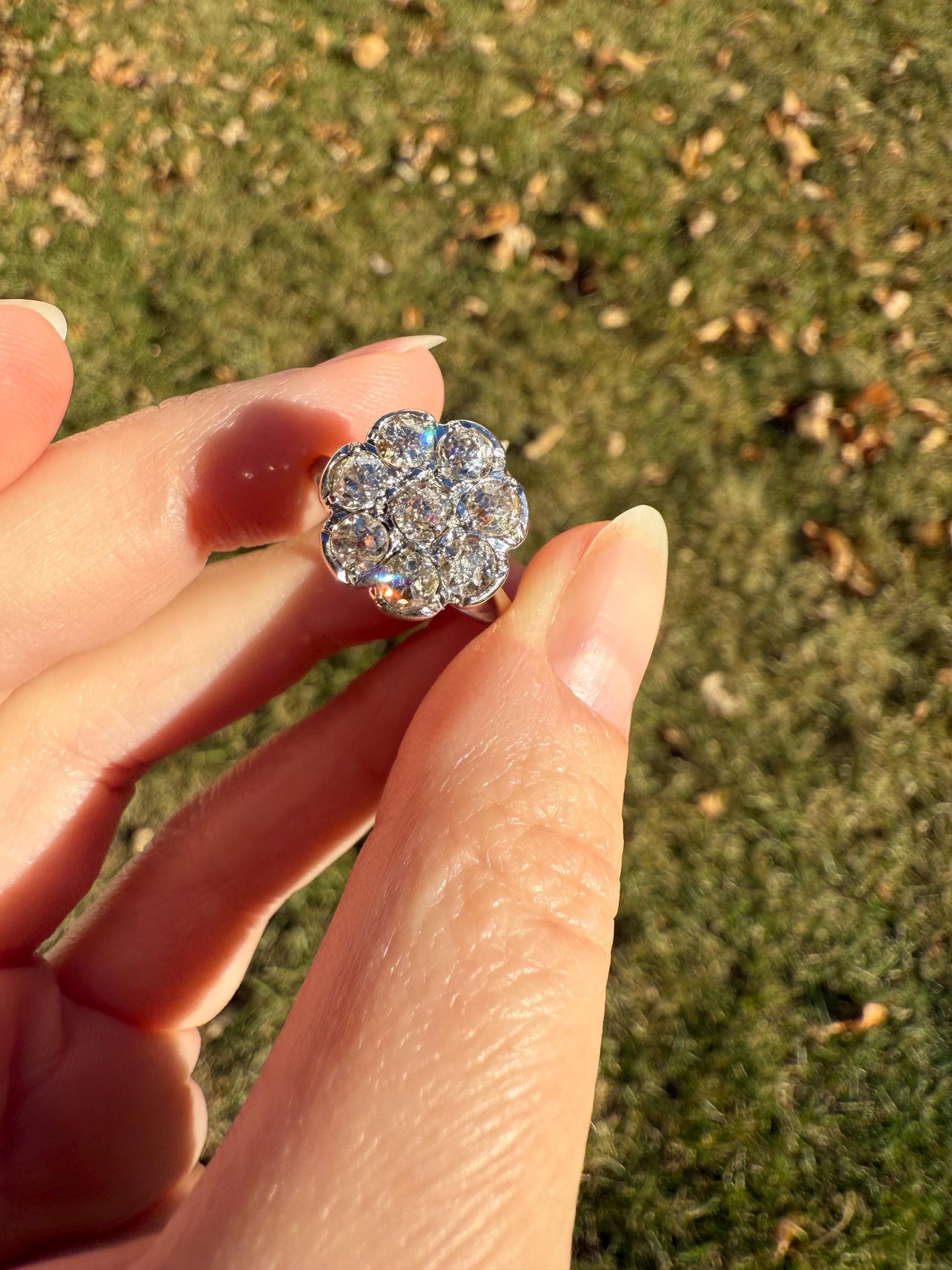 Warm Antique 1 3/4 Carat Old Mine Cut DIAMOND Daisy Flower Cluster 18k White Gold French Art Deco Tall Domed Basket Setting Stacker 1.75Ctw