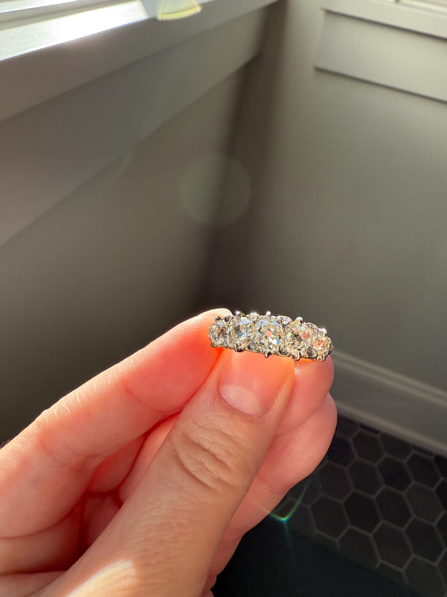 Victorian 2.75 Carats Antique Old Mine Cut Diamond Five Stone Ring Gemset Prong Spacers 18k Gold Rare Chunky Ornate Band