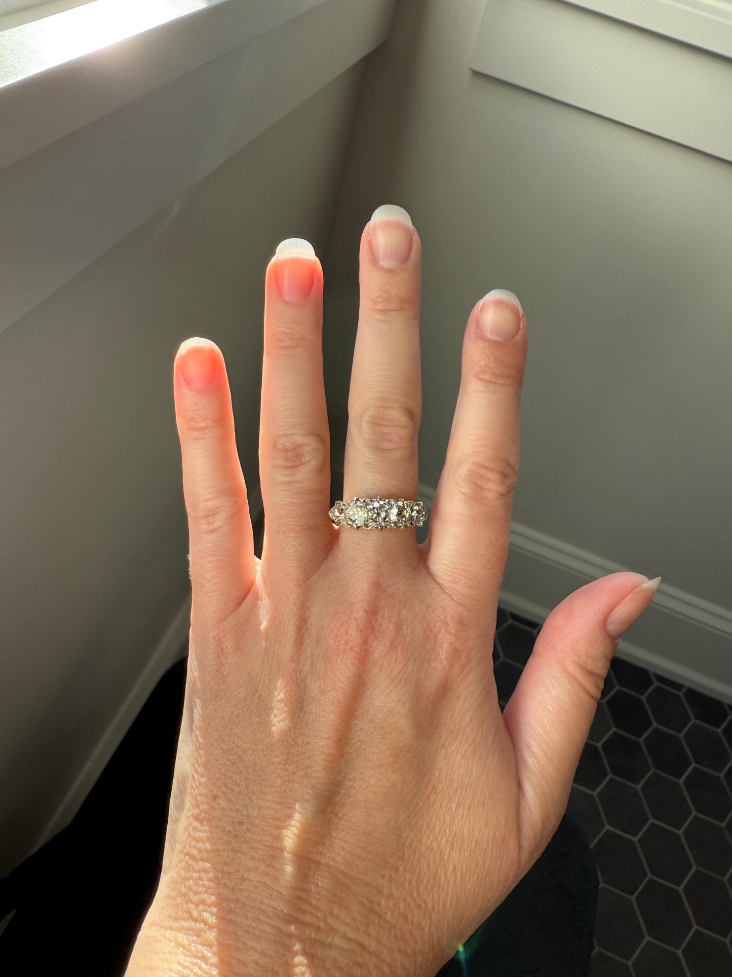 Victorian 2.75 Carats Antique Old Mine Cut Diamond Five Stone Ring Gemset Prong Spacers 18k Gold Rare Chunky Ornate Band