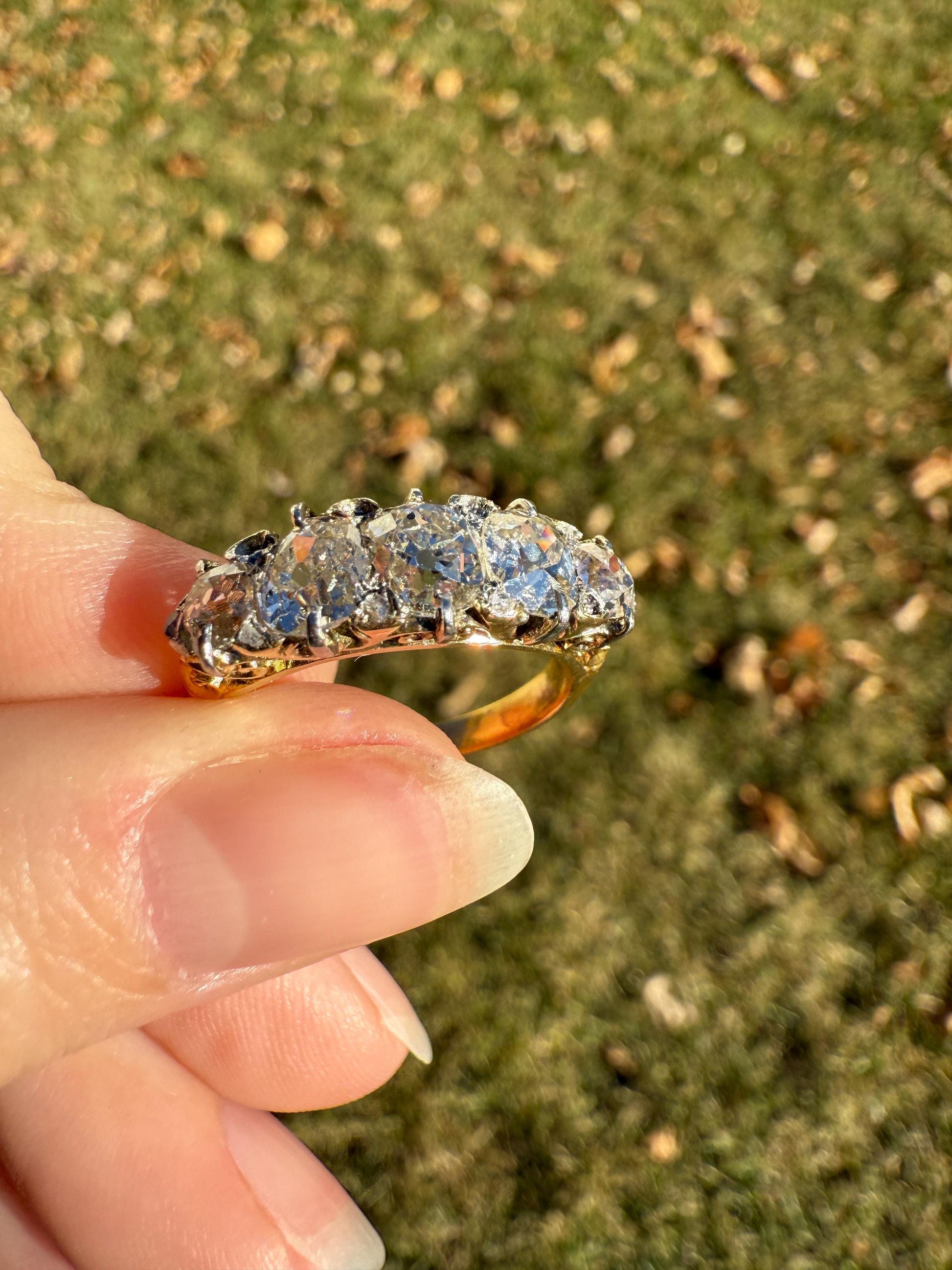 Victorian 2.75 Carats Antique Old Mine Cut Diamond Five Stone Ring Gemset Prong Spacers 18k Gold Rare Chunky Ornate Band