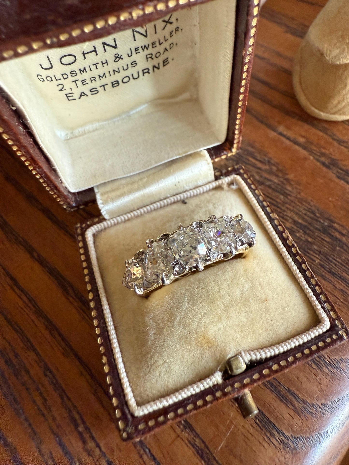 Victorian 2.75 Carats Antique Old Mine Cut Diamond Five Stone Ring Gemset Prong Spacers 18k Gold Rare Chunky Ornate Band