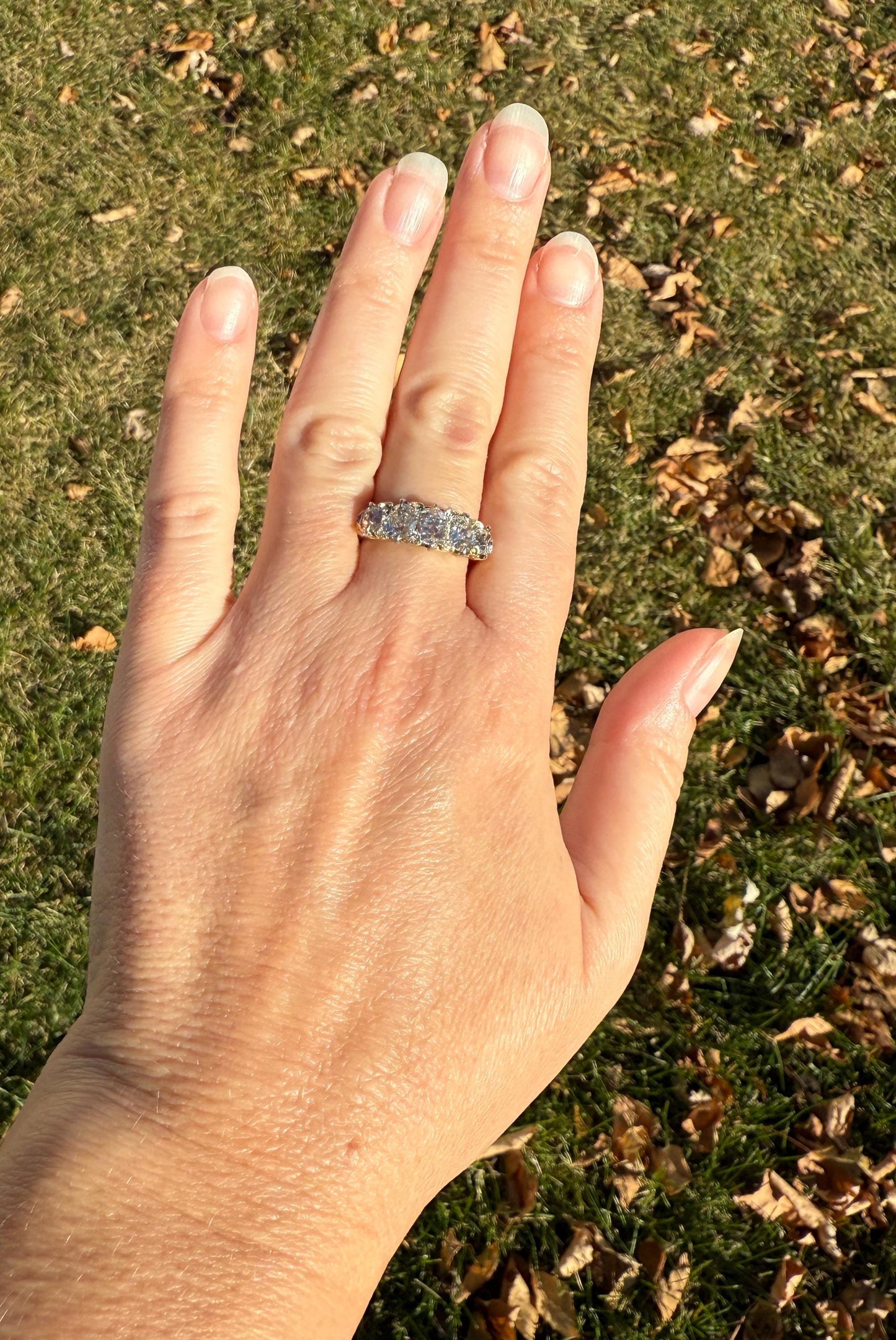 Victorian 2.75 Carats Antique Old Mine Cut Diamond Five Stone Ring Gemset Prong Spacers 18k Gold Rare Chunky Ornate Band