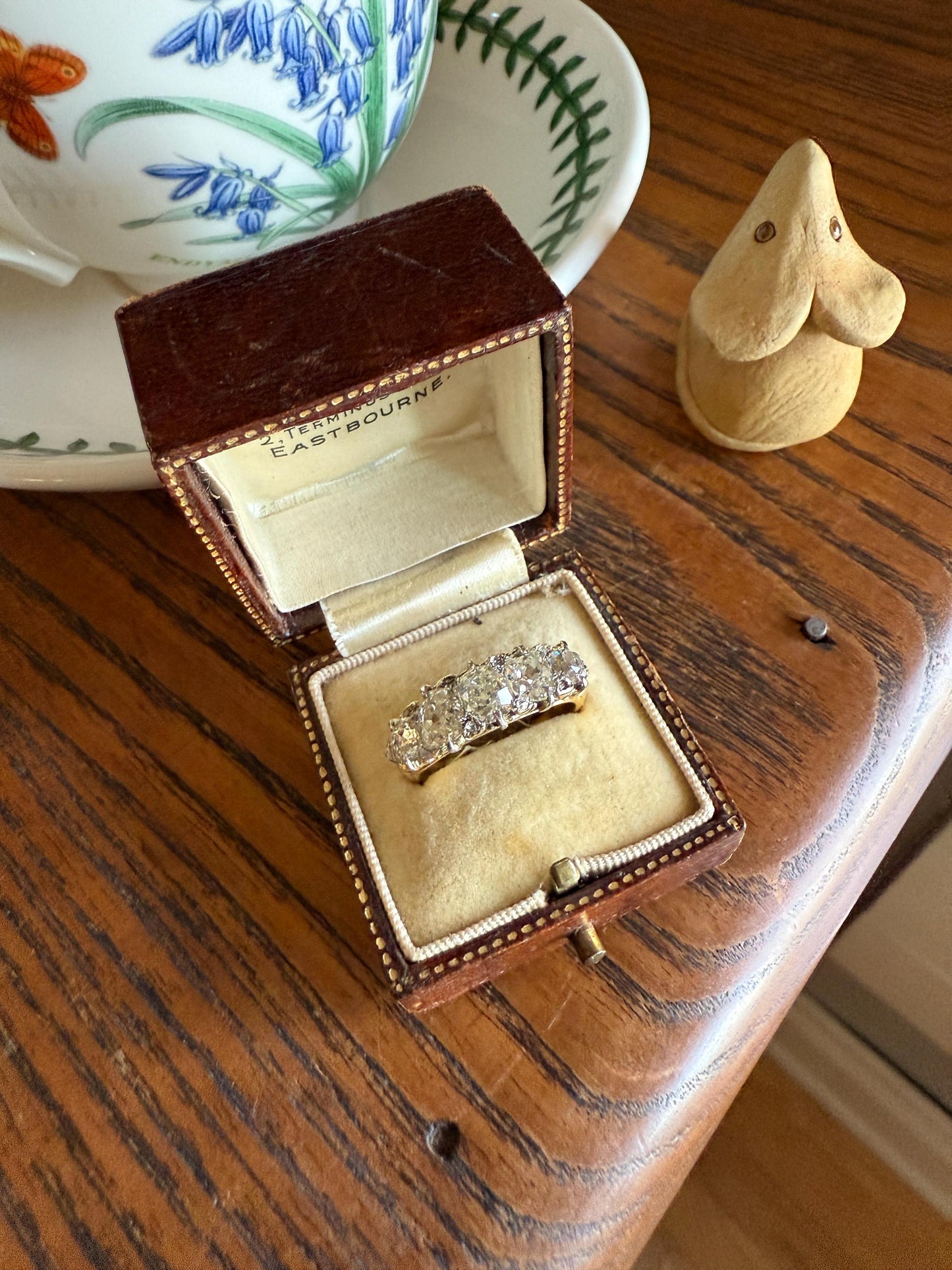 Victorian 2.75 Carats Antique Old Mine Cut Diamond Five Stone Ring Gemset Prong Spacers 18k Gold Rare Chunky Ornate Band