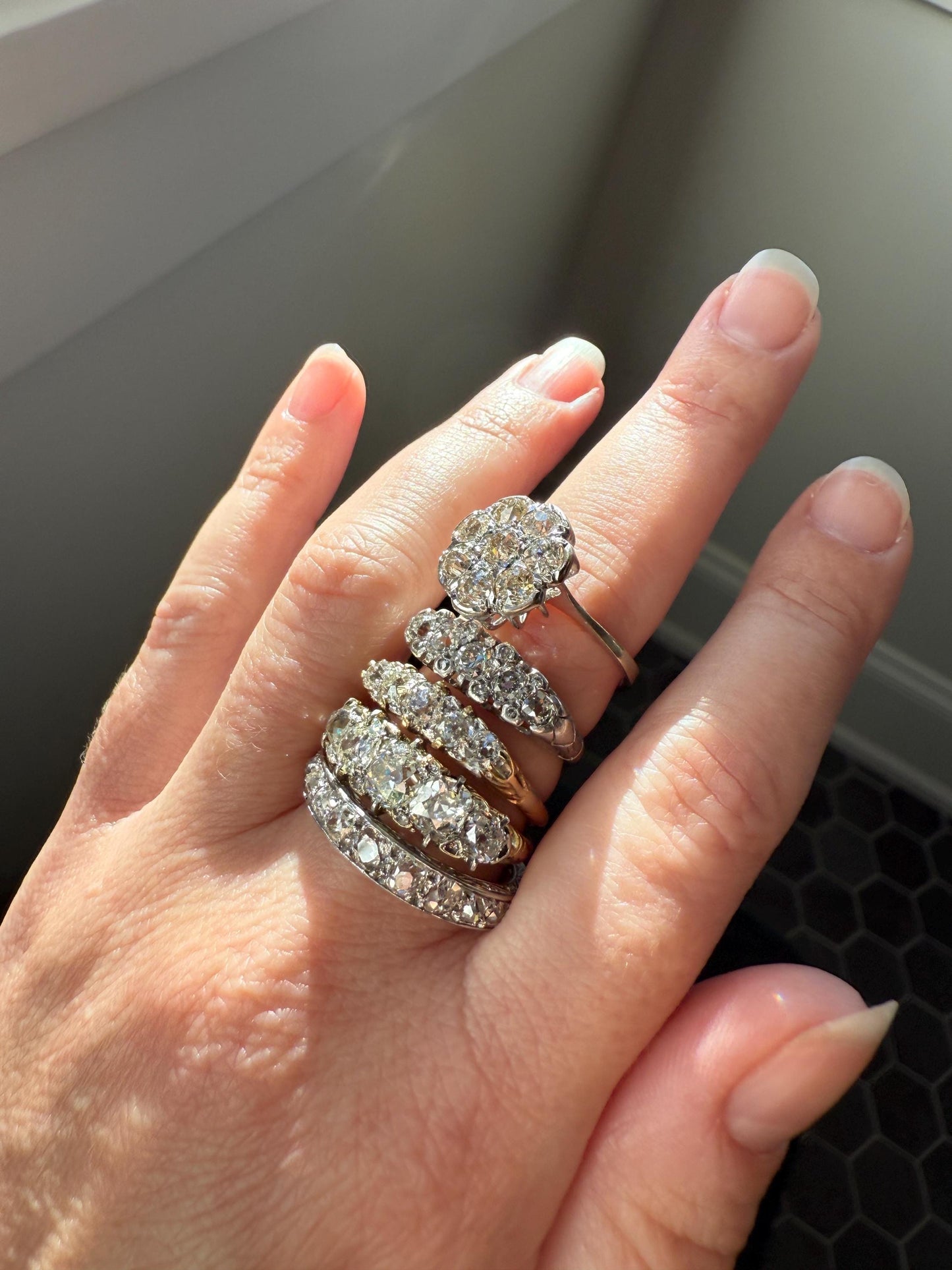 Victorian 2.75 Carats Antique Old Mine Cut Diamond Five Stone Ring Gemset Prong Spacers 18k Gold Rare Chunky Ornate Band