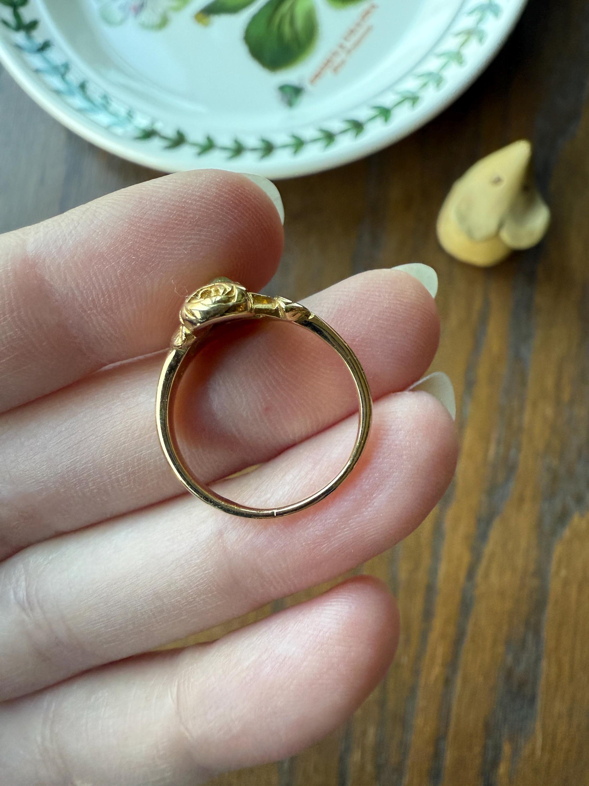 French Antique Figural ROSE Leaf Bud Opal 18k Gold Ring Floral Art Nouveau Belle Epoque Romantic Gift Flower Sweet Stacker