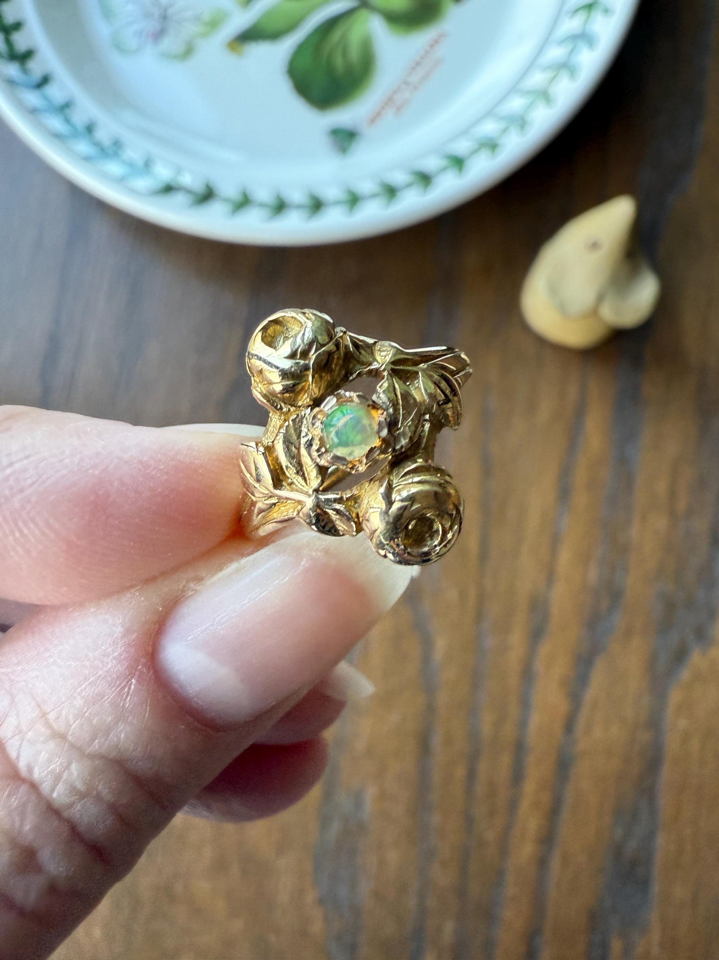 French Antique Figural ROSE Leaf Bud Opal 18k Gold Ring Floral Art Nouveau Belle Epoque Romantic Gift Flower Sweet Stacker