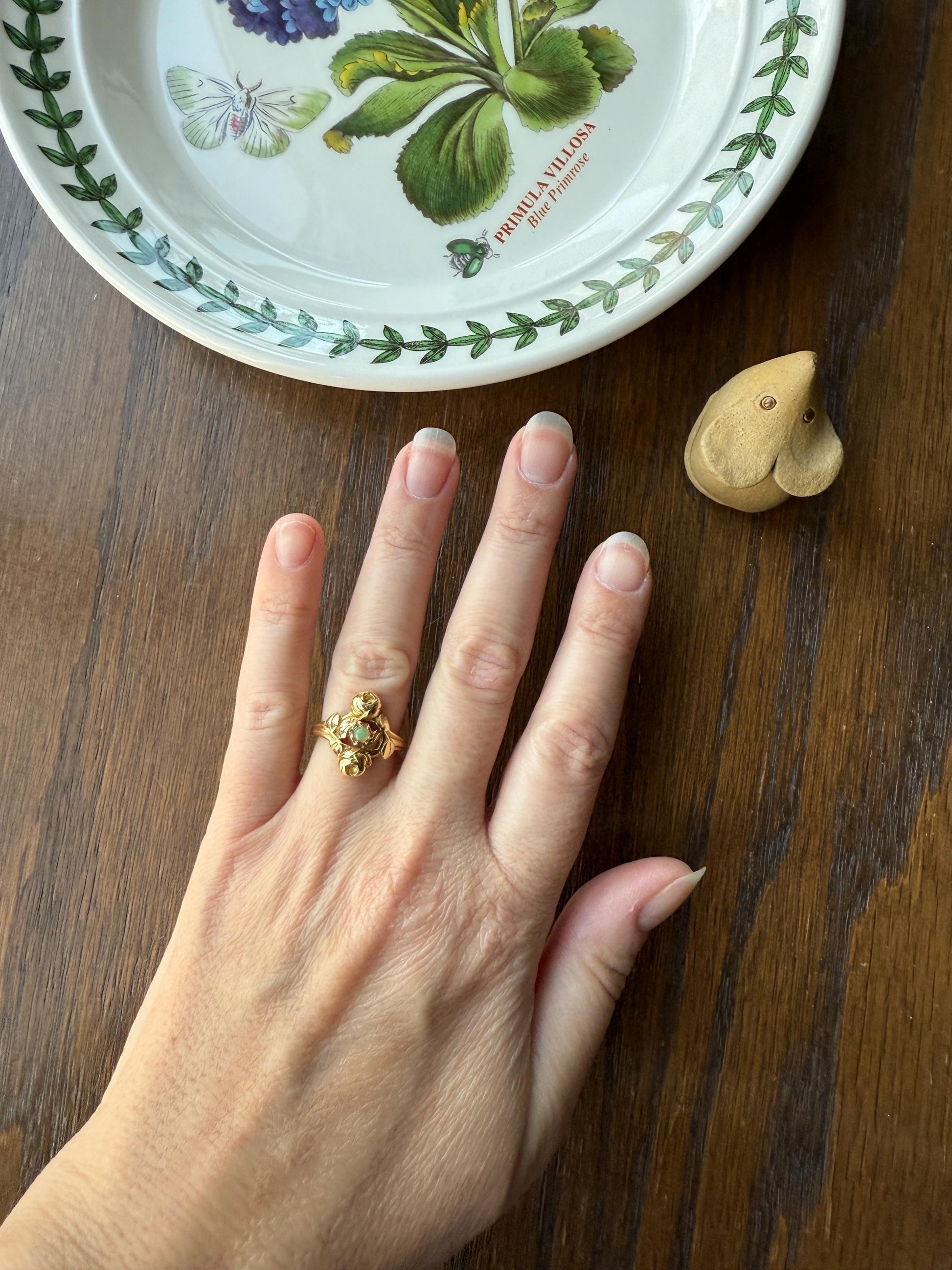 French Antique Figural ROSE Leaf Bud Opal 18k Gold Ring Floral Art Nouveau Belle Epoque Romantic Gift Flower Sweet Stacker