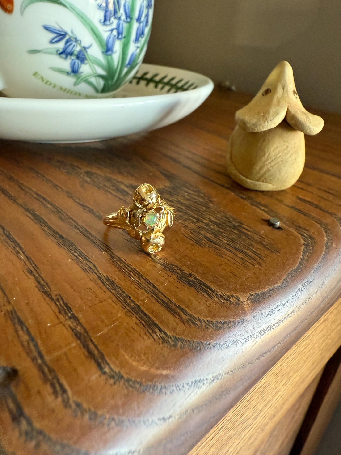 French Antique Figural ROSE Leaf Bud Opal 18k Gold Ring Floral Art Nouveau Belle Epoque Romantic Gift Flower Sweet Stacker