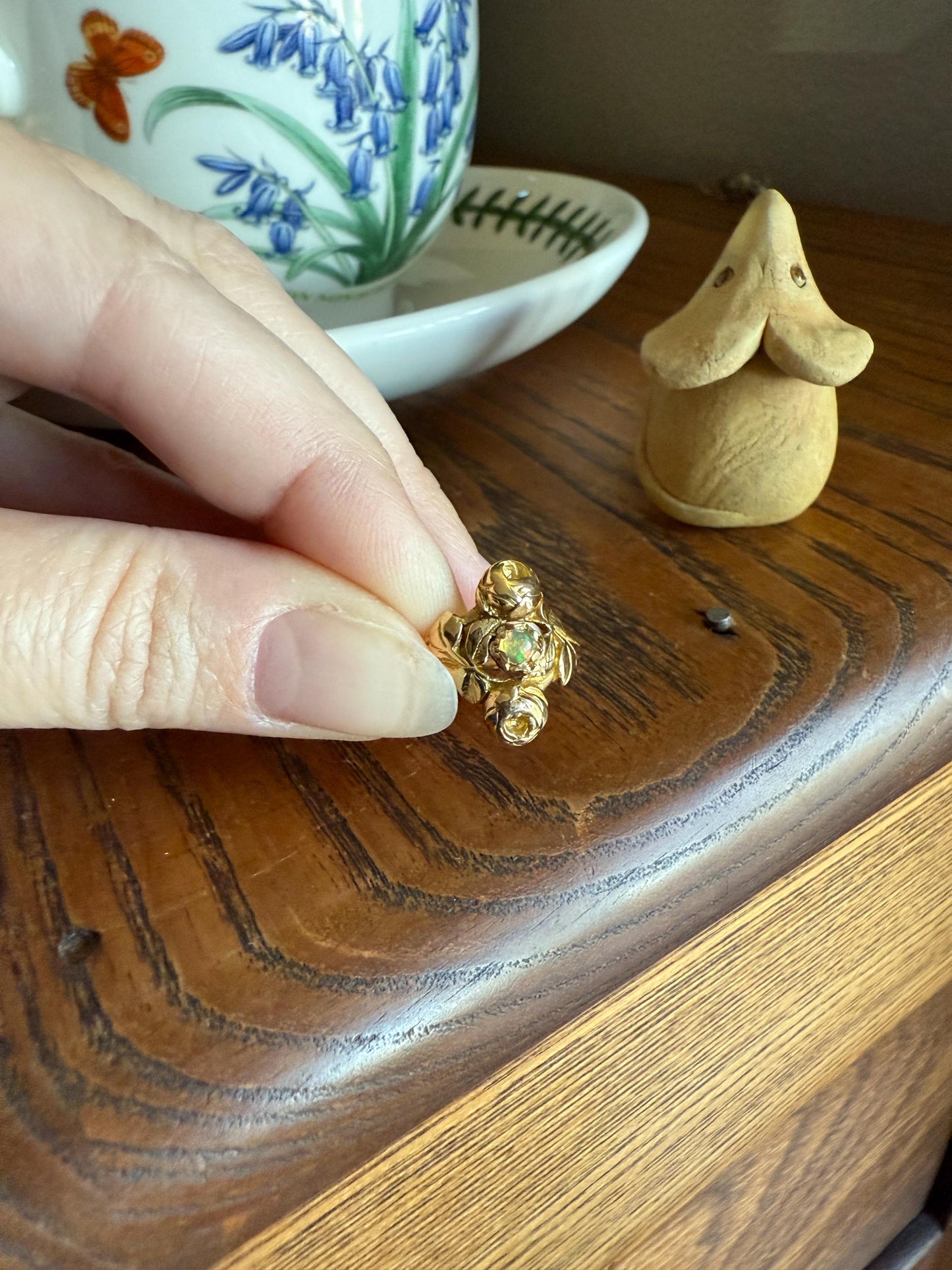 French Antique Figural ROSE Leaf Bud Opal 18k Gold Ring Floral Art Nouveau Belle Epoque Romantic Gift Flower Sweet Stacker