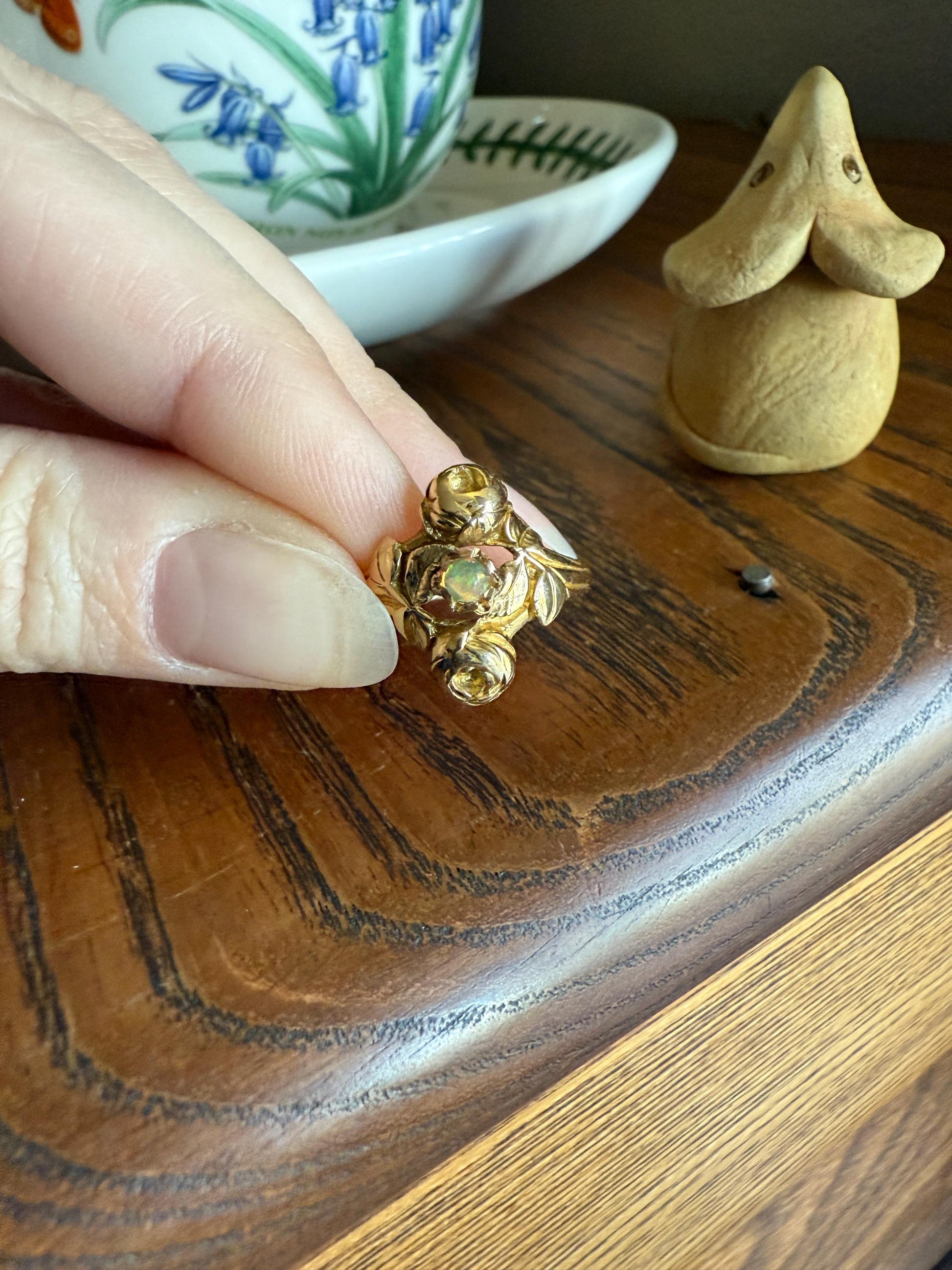 French Antique Figural ROSE Leaf Bud Opal 18k Gold Ring Floral Art Nouveau Belle Epoque Romantic Gift Flower Sweet Stacker