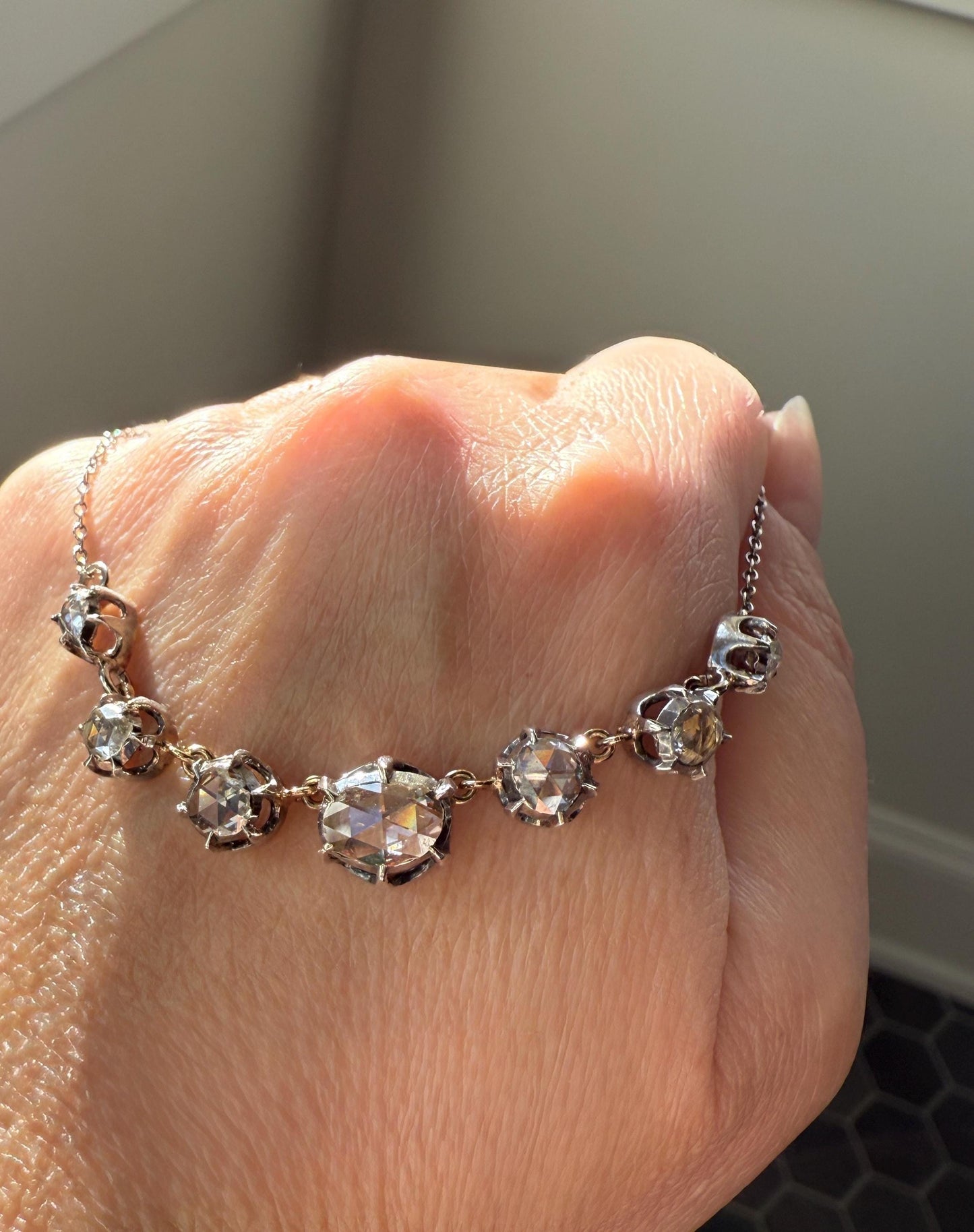 GEORGIAN French Antique 3 Carat Rose Cut DIAMOND Seven Stone Necklace Chain 18k Gold Silver Collet Open Back