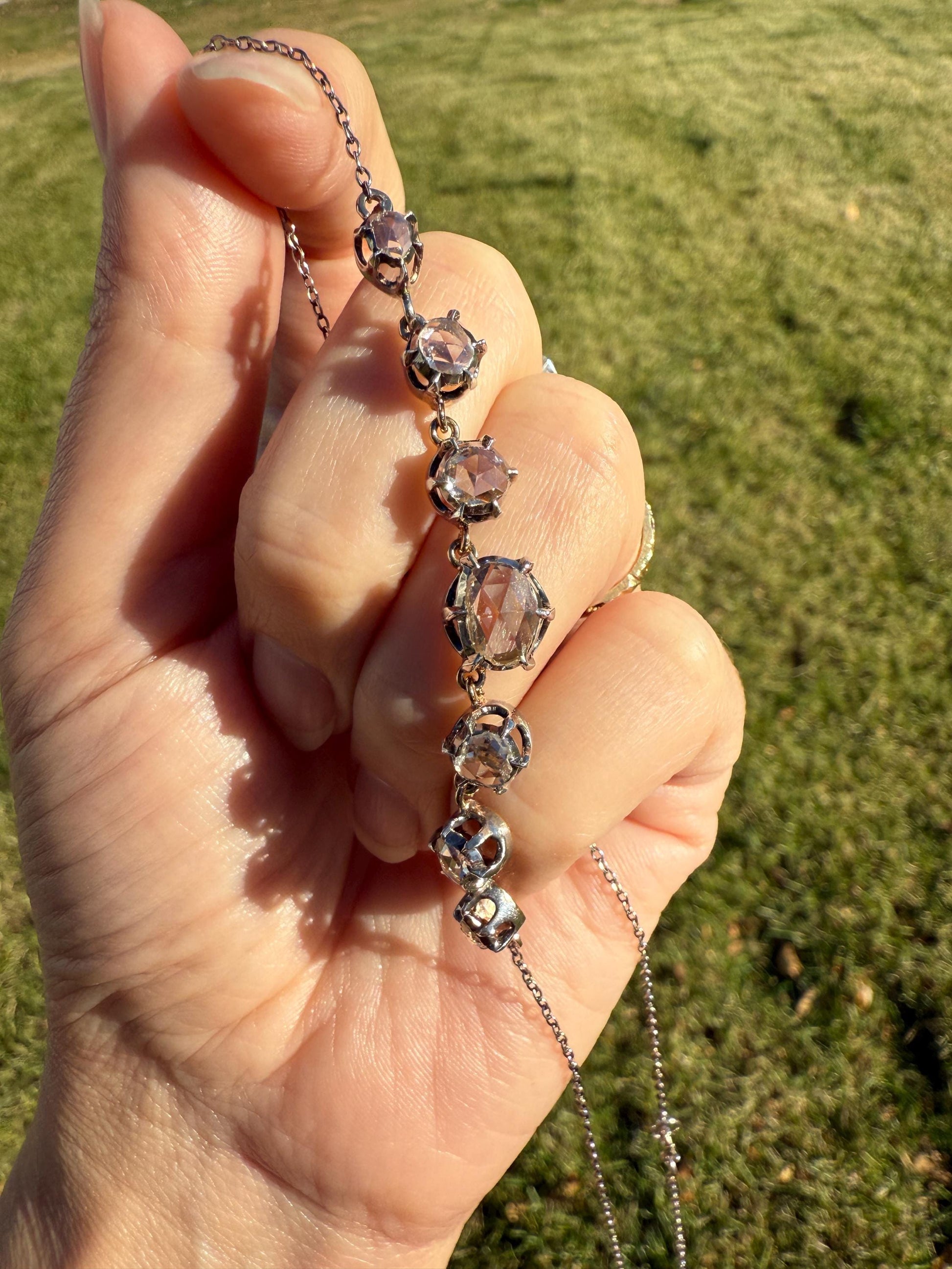 GEORGIAN French Antique 3 Carat Rose Cut DIAMOND Seven Stone Necklace Chain 18k Gold Silver Collet Open Back