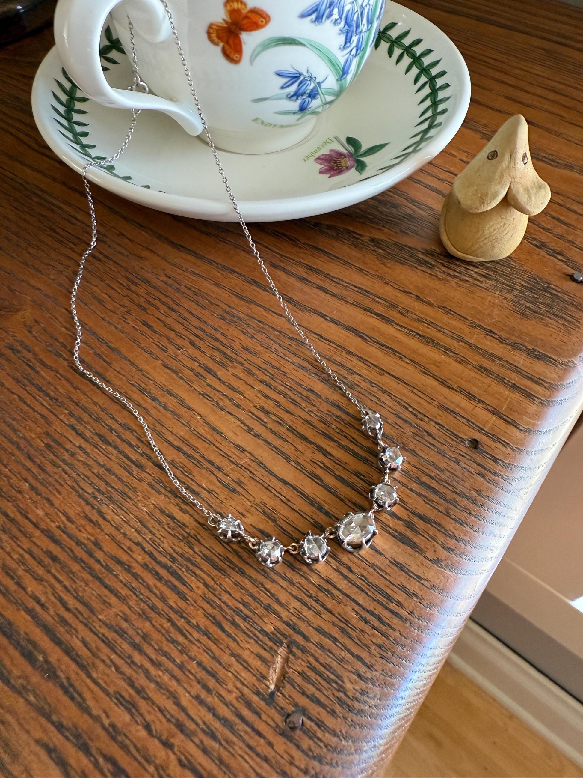 GEORGIAN French Antique 3 Carat Rose Cut DIAMOND Seven Stone Necklace Chain 18k Gold Silver Collet Open Back