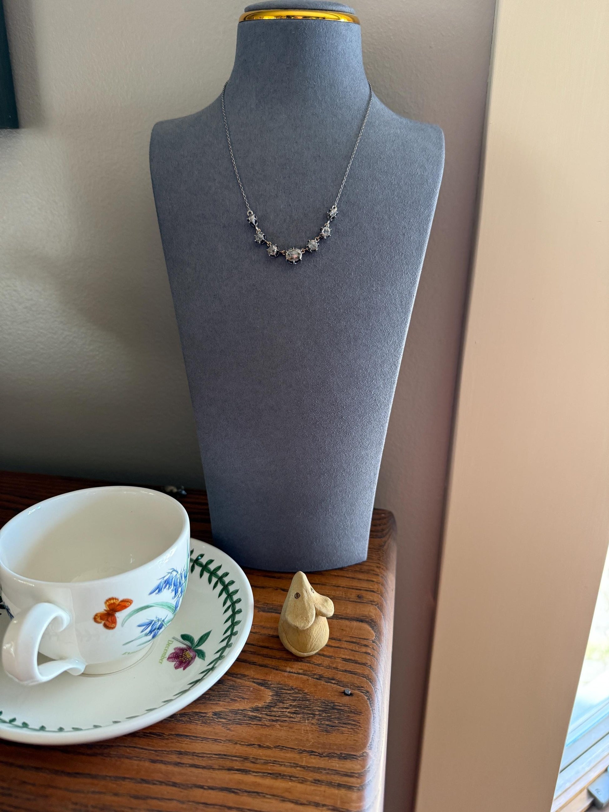 GEORGIAN French Antique 3 Carat Rose Cut DIAMOND Seven Stone Necklace Chain 18k Gold Silver Collet Open Back