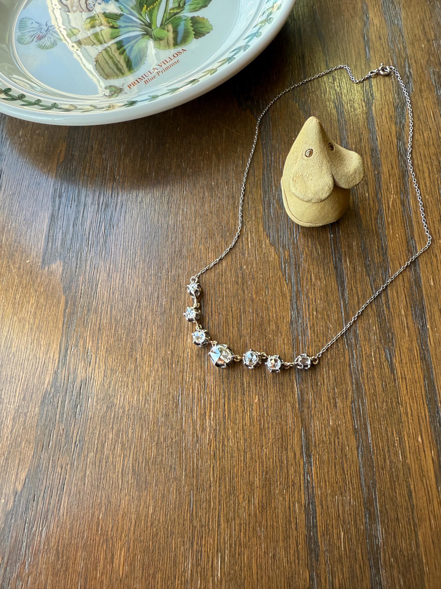 GEORGIAN French Antique 3 Carat Rose Cut DIAMOND Seven Stone Necklace Chain 18k Gold Silver Collet Open Back