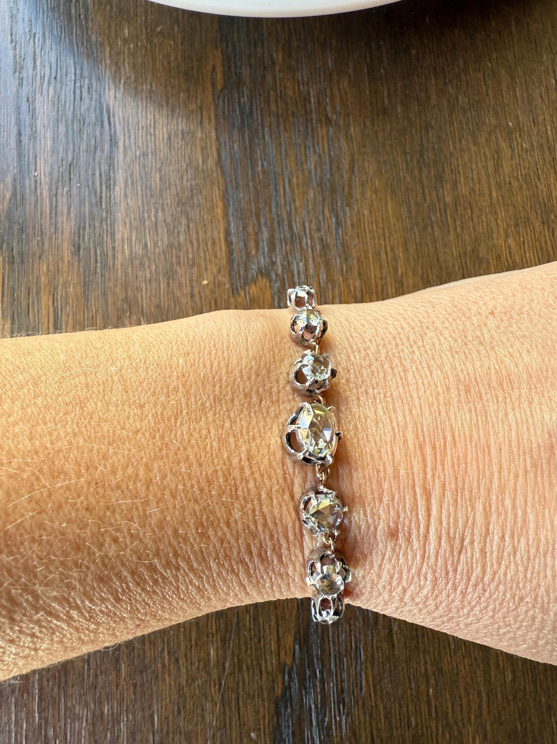 GEORGIAN French Antique 3 Carat Rose Cut DIAMOND Seven Stone Necklace Chain 18k Gold Silver Collet Open Back