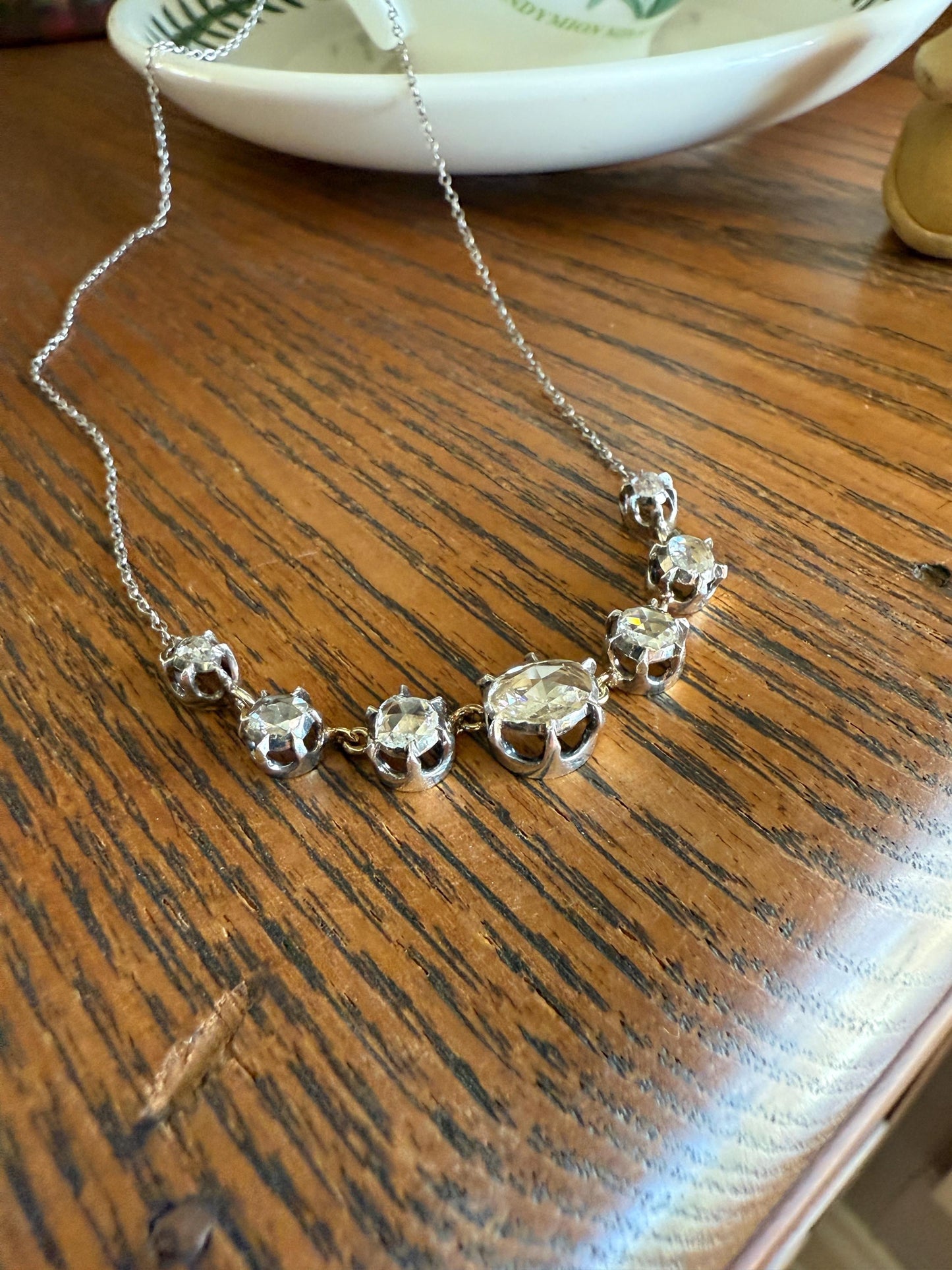 GEORGIAN French Antique 3 Carat Rose Cut DIAMOND Seven Stone Necklace Chain 18k Gold Silver Collet Open Back