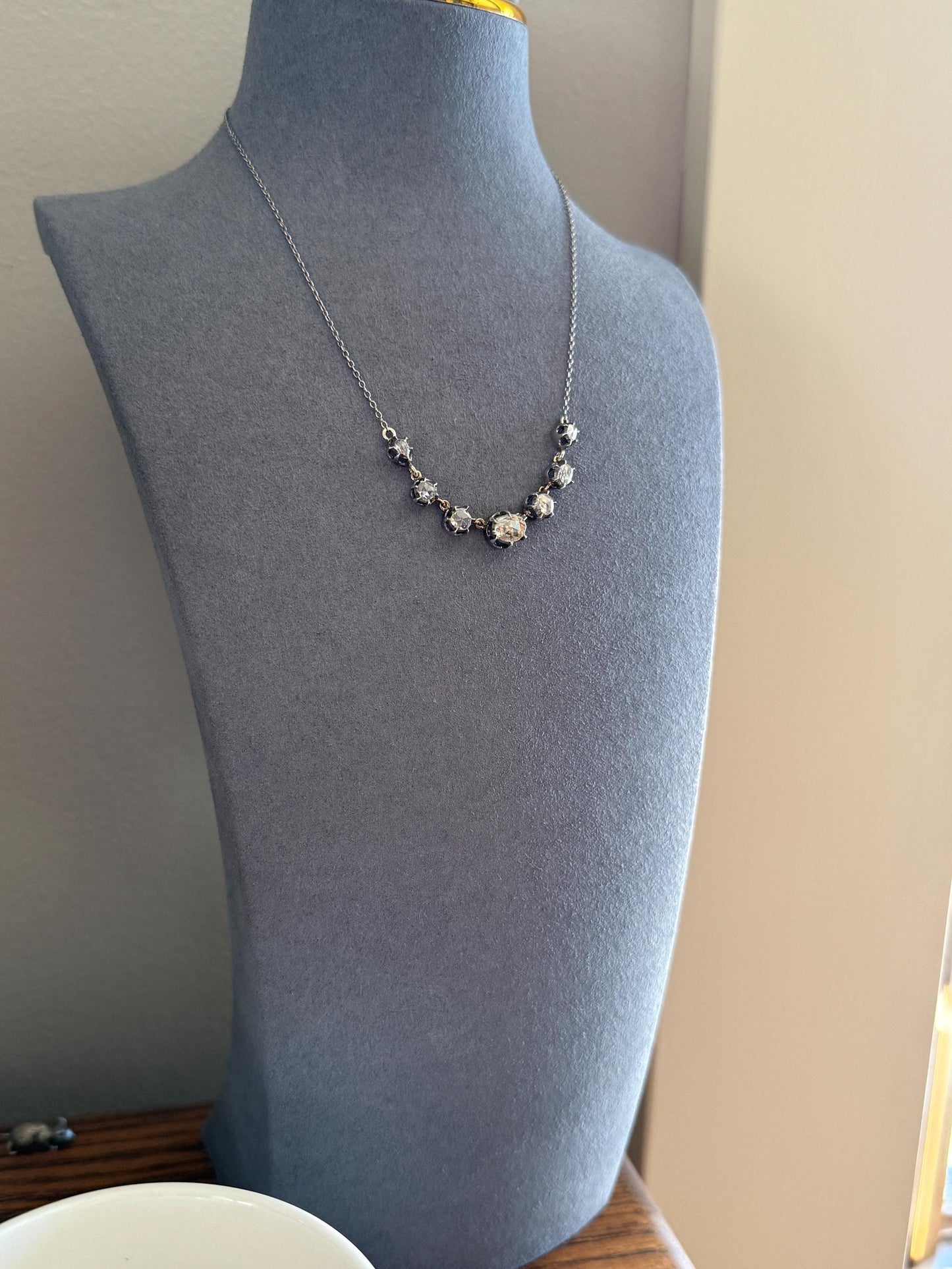 GEORGIAN French Antique 3 Carat Rose Cut DIAMOND Seven Stone Necklace Chain 18k Gold Silver Collet Open Back
