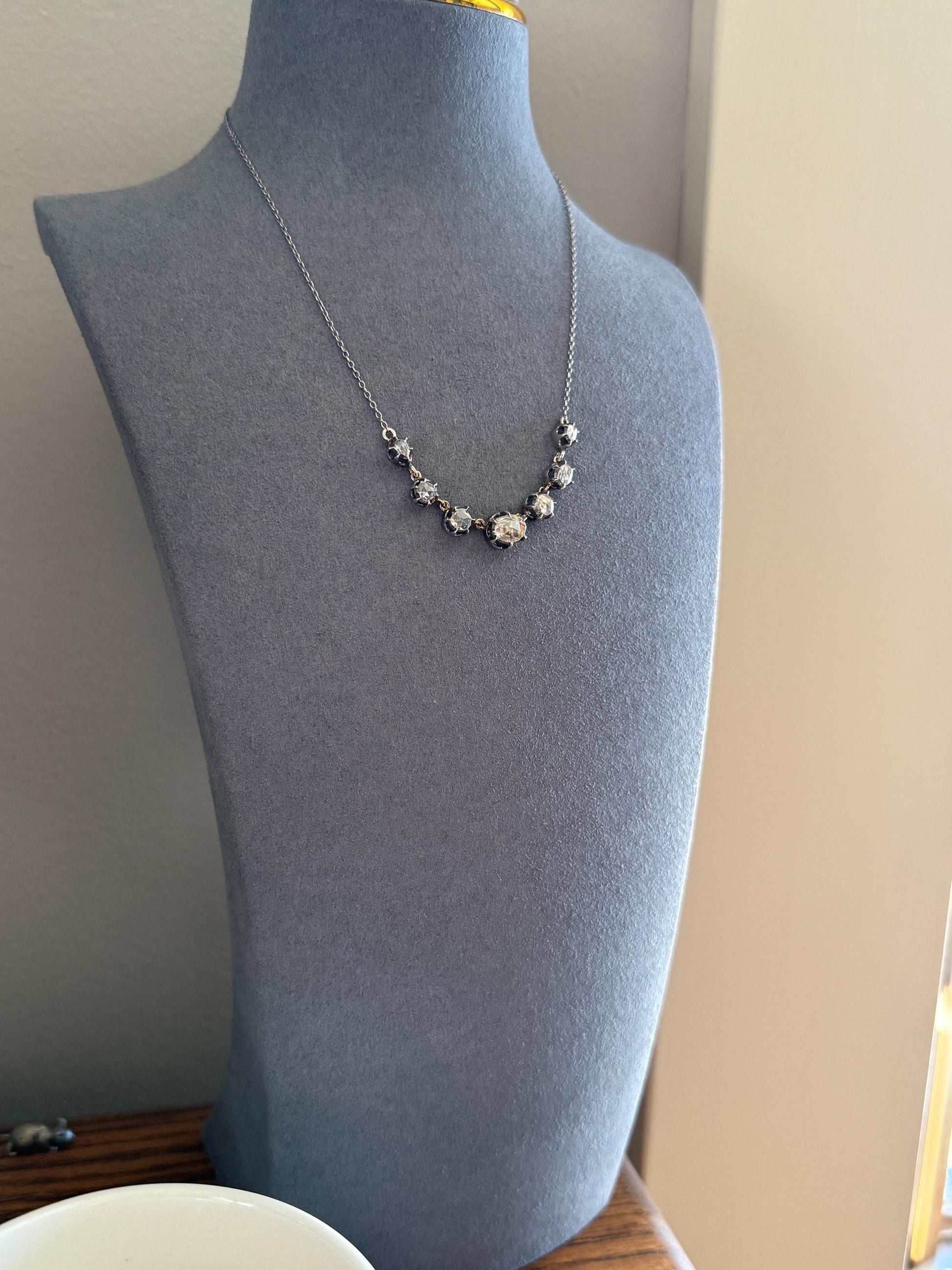 GEORGIAN French Antique 3 Carat Rose Cut DIAMOND Seven Stone Necklace Chain 18k Gold Silver Collet Open Back