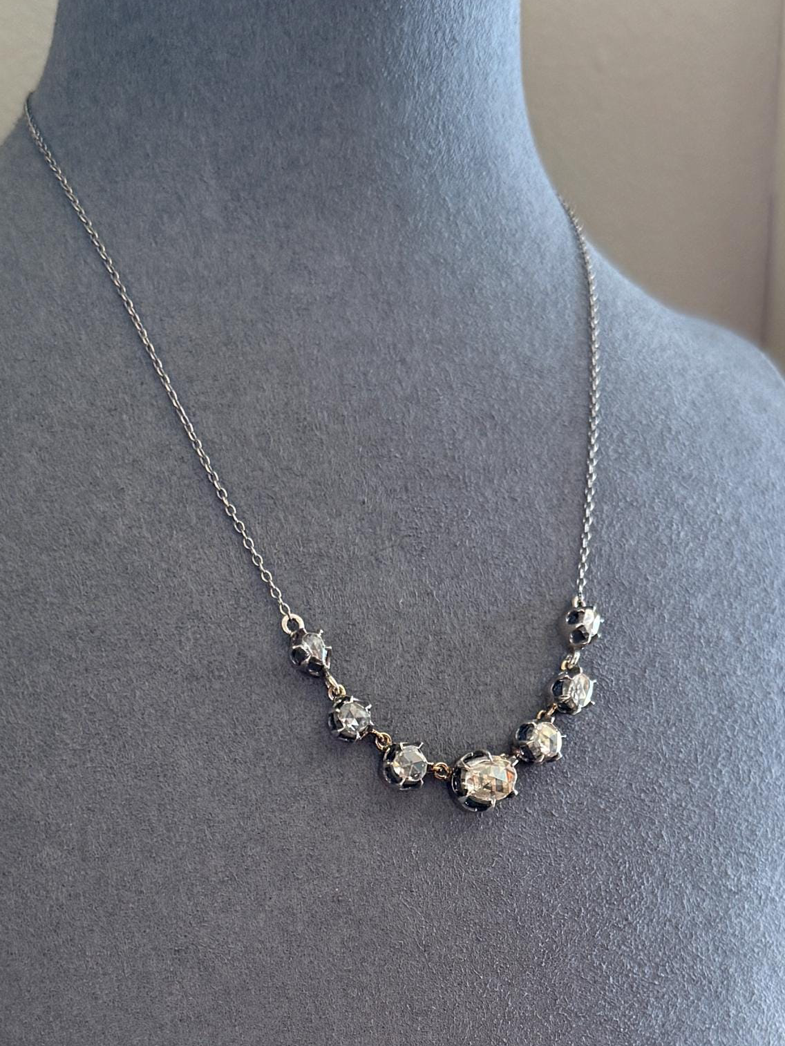 GEORGIAN French Antique 3 Carat Rose Cut DIAMOND Seven Stone Necklace Chain 18k Gold Silver Collet Open Back