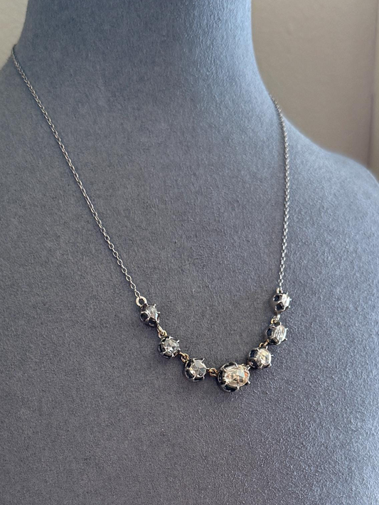 GEORGIAN French Antique 3 Carat Rose Cut DIAMOND Seven Stone Necklace Chain 18k Gold Silver Collet Open Back
