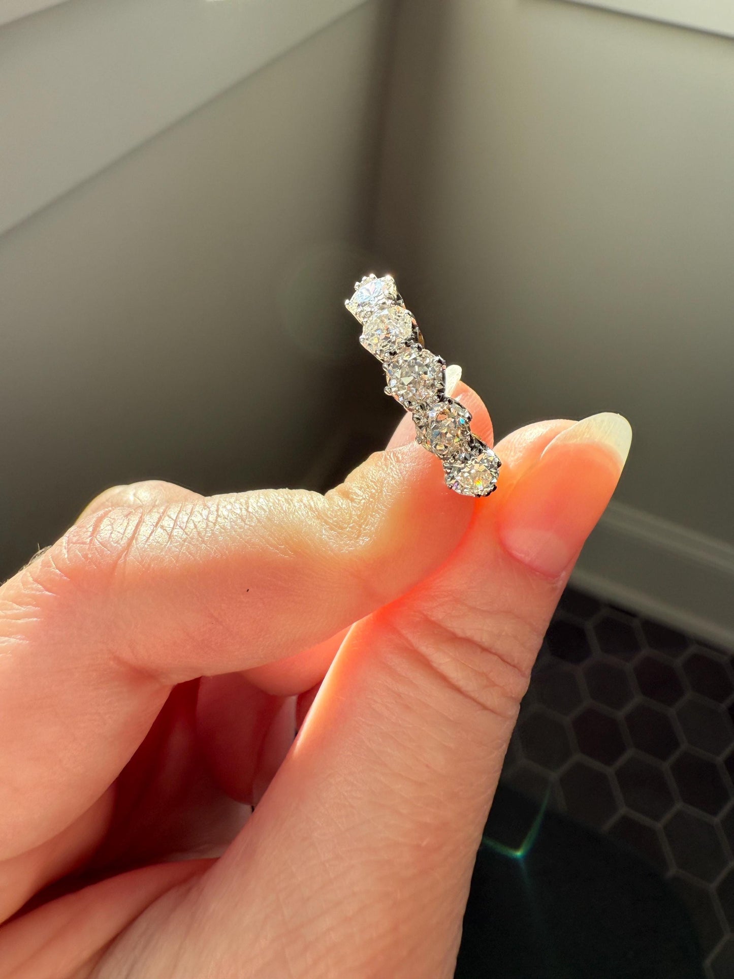 Antique 1.9 Carat DIAMOND Uniform Five Stone Band Stacker Ring 18k Gold Wedding Prong Set Stacker Half Hoop Linear Victorian Edwardian