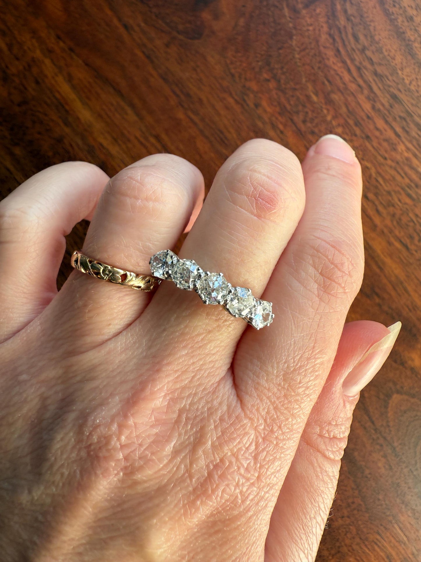 Antique 1.9 Carat DIAMOND Uniform Five Stone Band Stacker Ring 18k Gold Wedding Prong Set Stacker Half Hoop Linear Victorian Edwardian