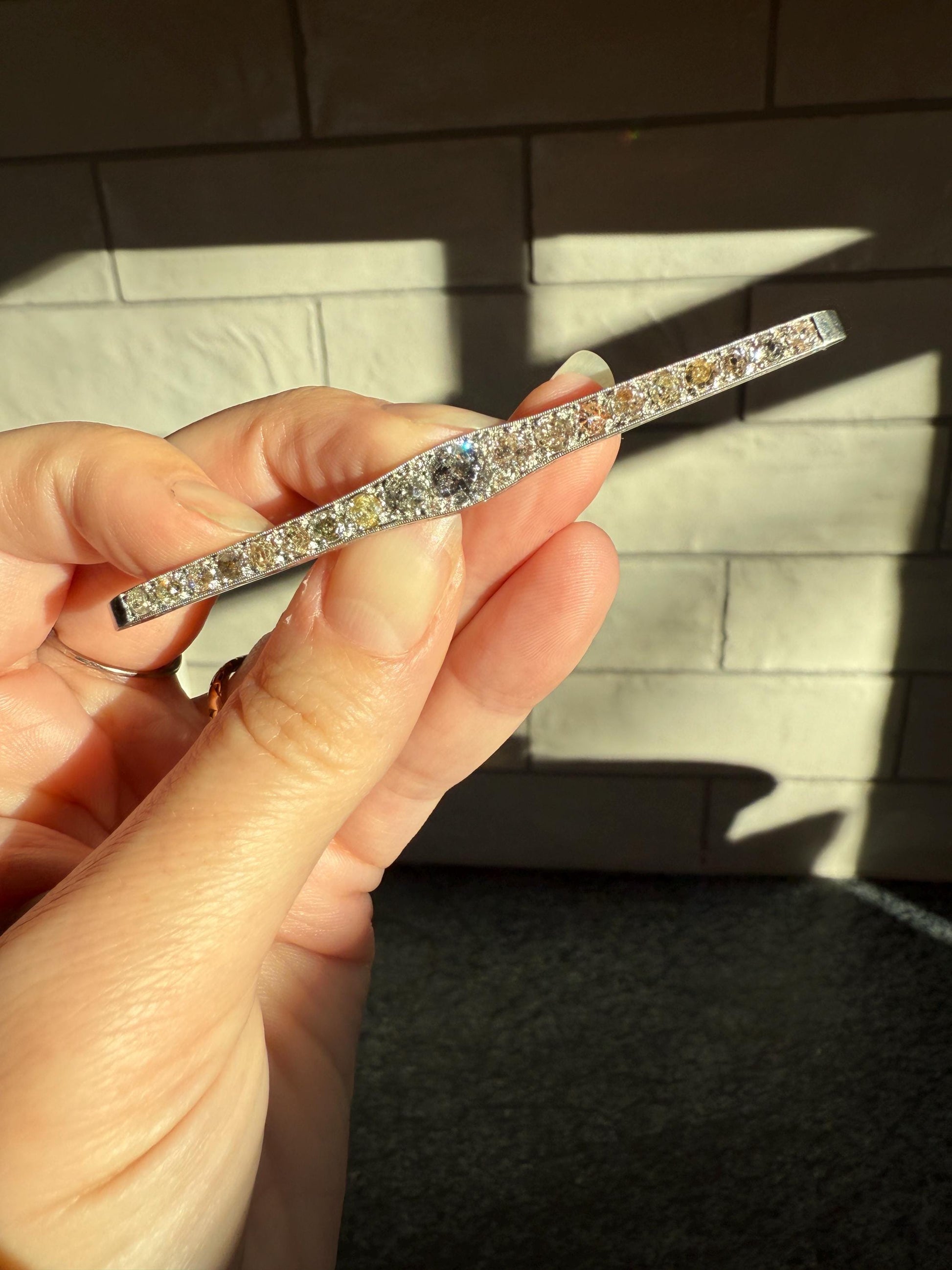 RAINBOW Rare Antique 3.5 Carats Old Mine Cut Natural DIAMOND Pink Yellow Green Bar Brooch 18k Gold Platinum Extender Connector Pendant Conv.