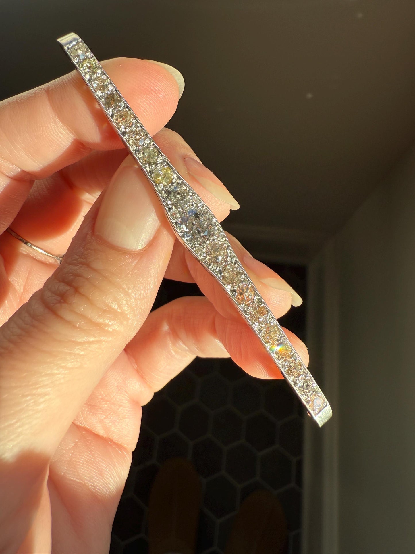 RAINBOW Rare Antique 3.5 Carats Old Mine Cut Natural DIAMOND Pink Yellow Green Bar Brooch 18k Gold Platinum Extender Connector Pendant Conv.