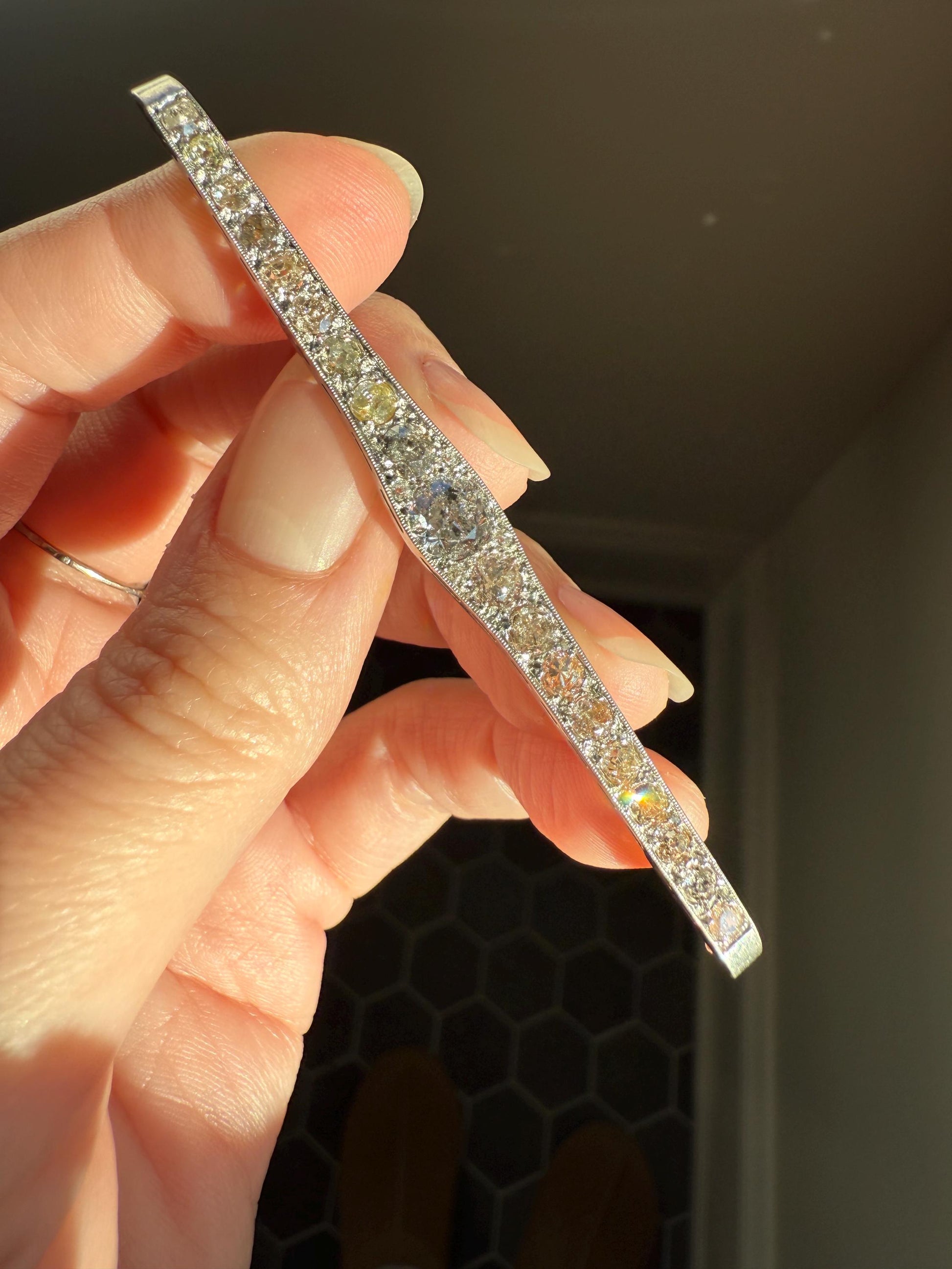 RAINBOW Rare Antique 3.5 Carats Old Mine Cut Natural DIAMOND Pink Yellow Green Bar Brooch 18k Gold Platinum Extender Connector Pendant Conv.