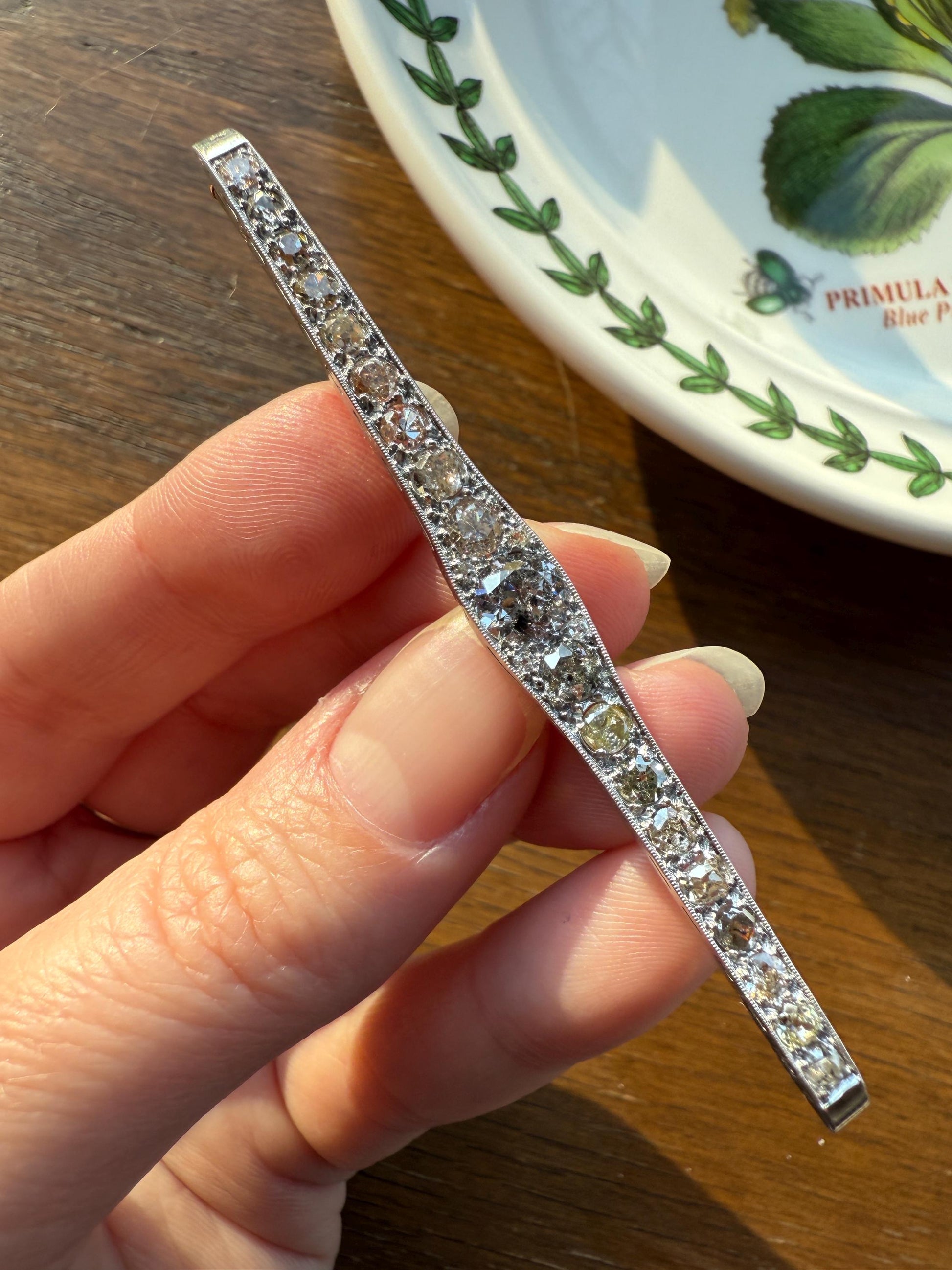 RAINBOW Rare Antique 3.5 Carats Old Mine Cut Natural DIAMOND Pink Yellow Green Bar Brooch 18k Gold Platinum Extender Connector Pendant Conv.