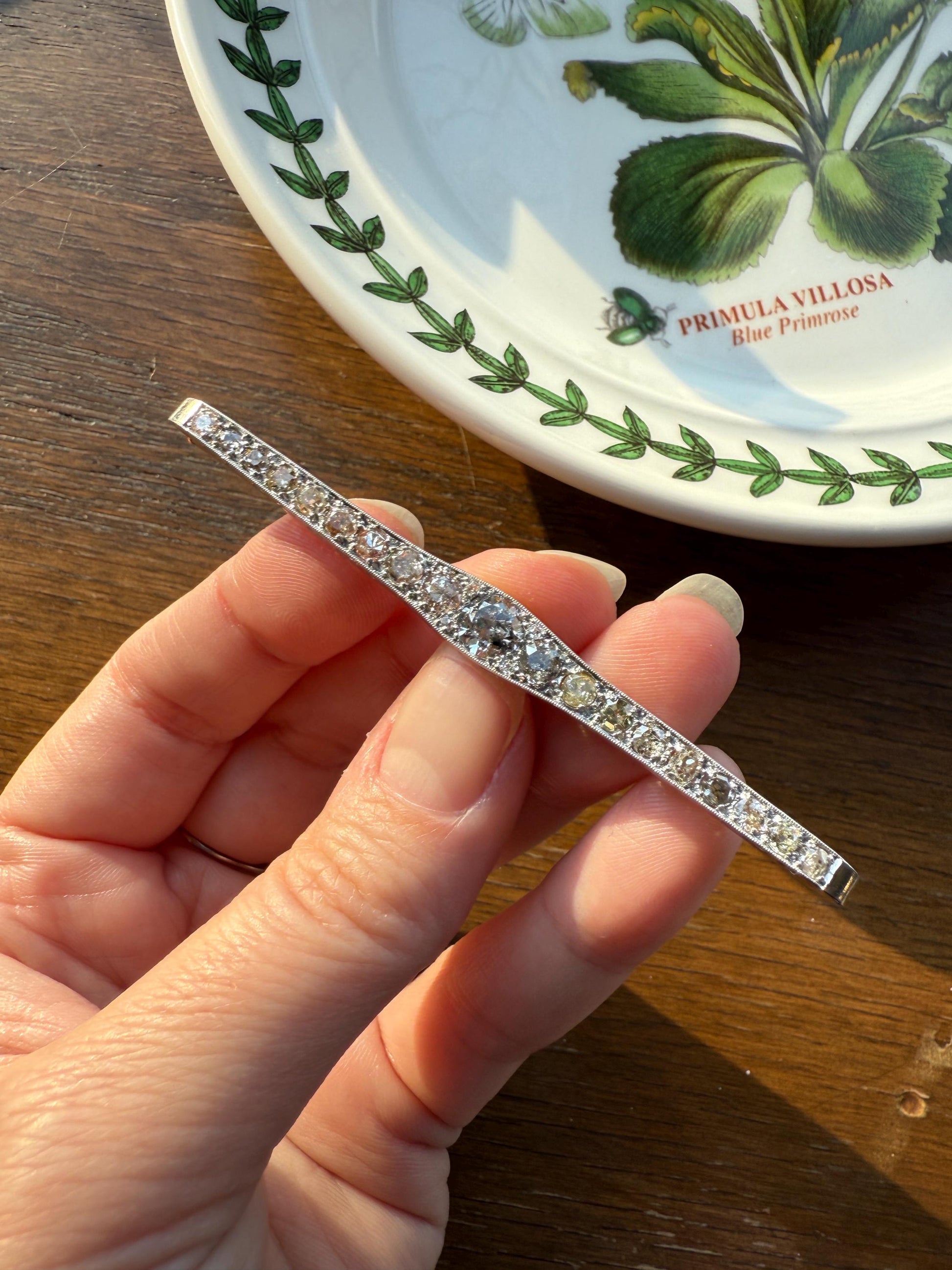 RAINBOW Rare Antique 3.5 Carats Old Mine Cut Natural DIAMOND Pink Yellow Green Bar Brooch 18k Gold Platinum Extender Connector Pendant Conv.