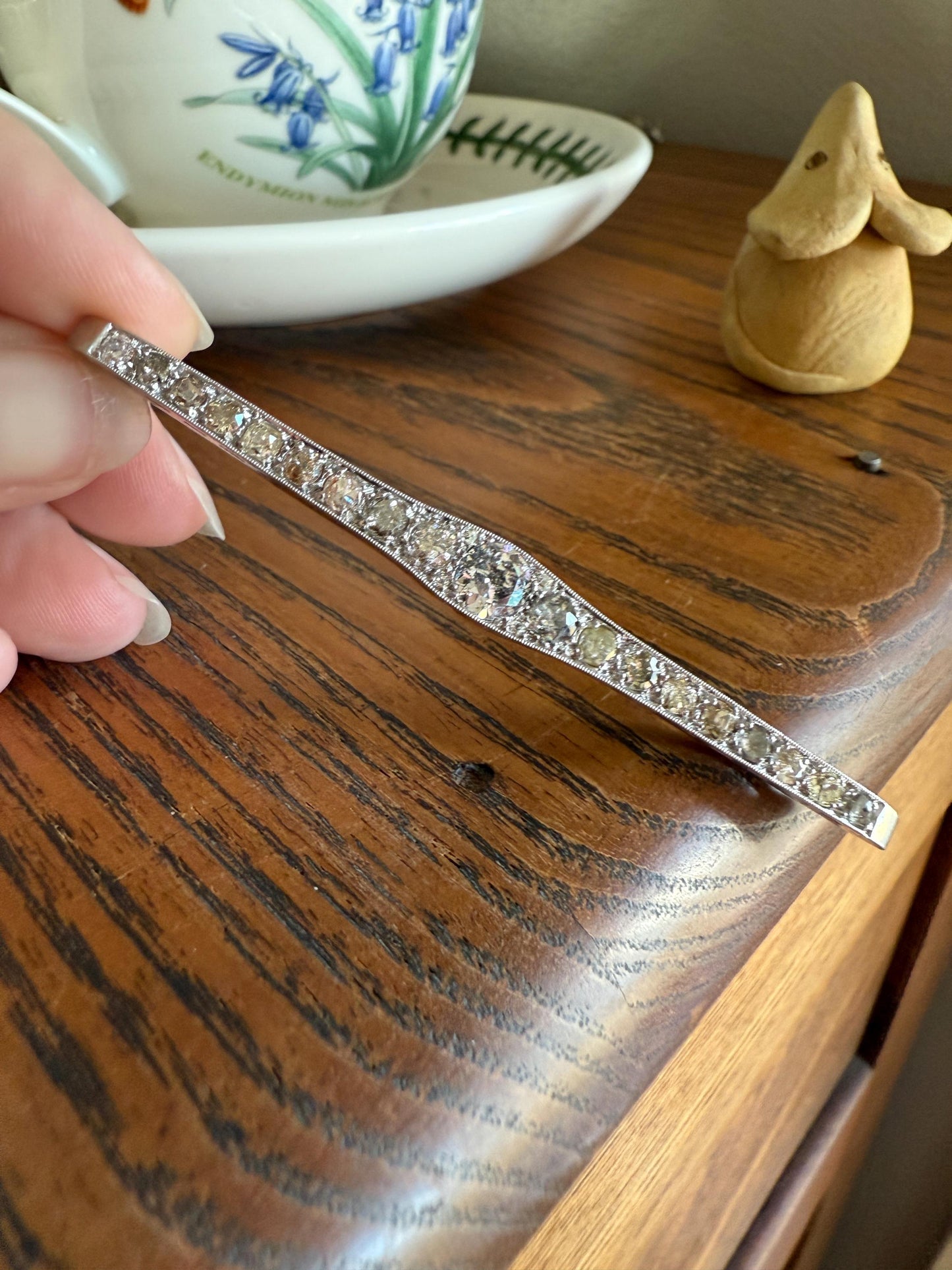 RAINBOW Rare Antique 3.5 Carats Old Mine Cut Natural DIAMOND Pink Yellow Green Bar Brooch 18k Gold Platinum Extender Connector Pendant Conv.