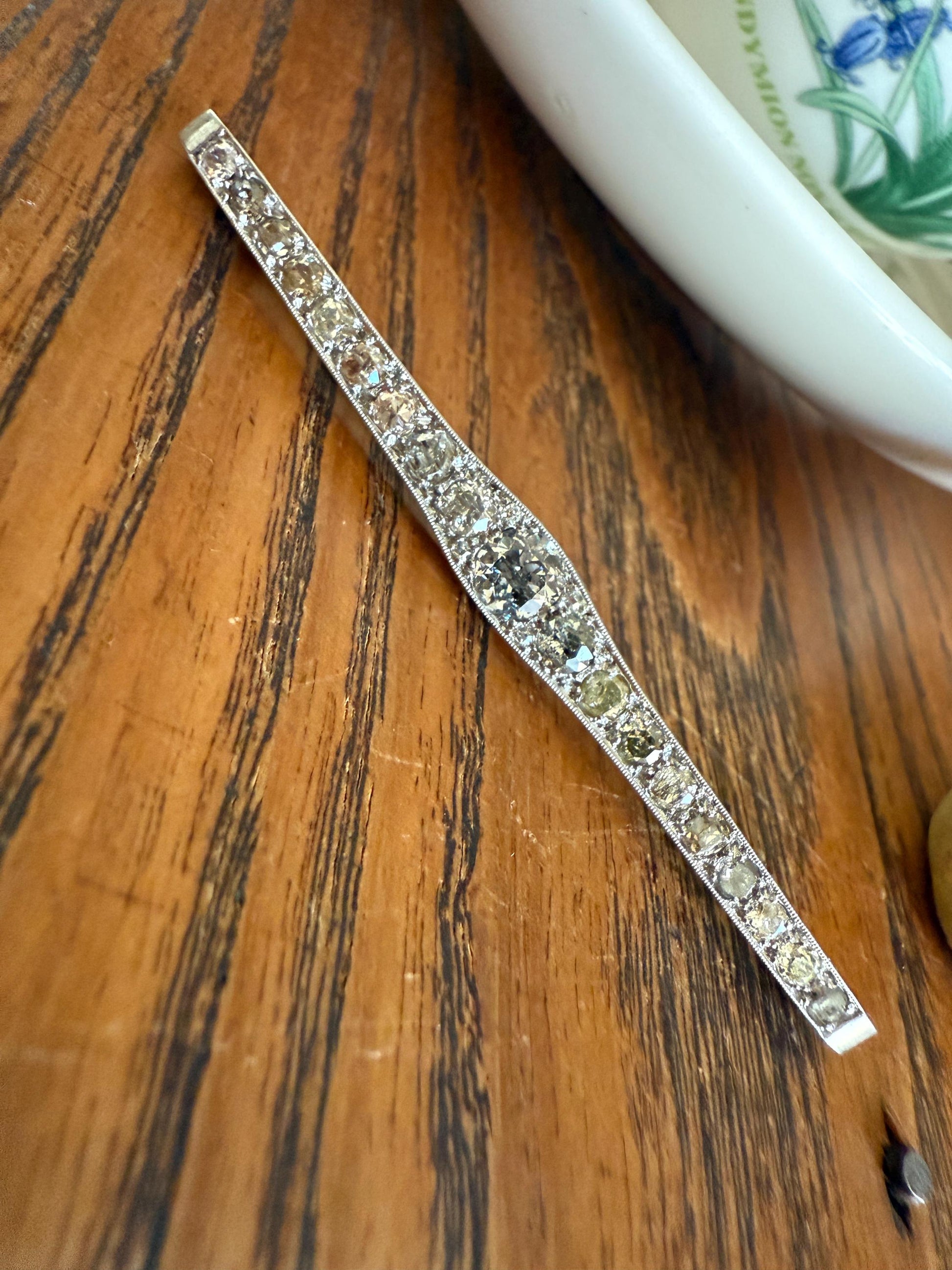 RAINBOW Rare Antique 3.5 Carats Old Mine Cut Natural DIAMOND Pink Yellow Green Bar Brooch 18k Gold Platinum Extender Connector Pendant Conv.