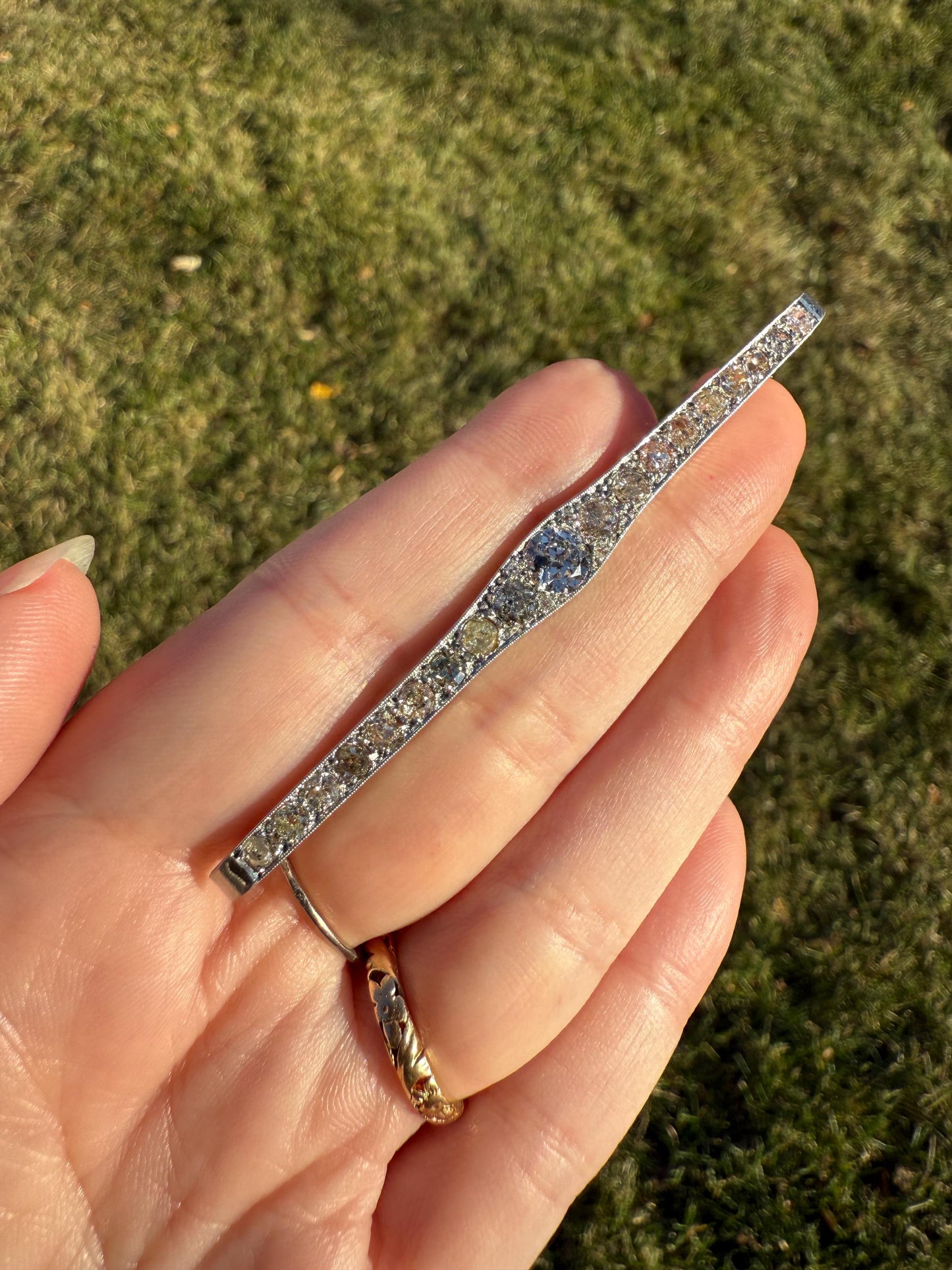 RAINBOW Rare Antique 3.5 Carats Old Mine Cut Natural DIAMOND Pink Yellow Green Bar Brooch 18k Gold Platinum Extender Connector Pendant Conv.