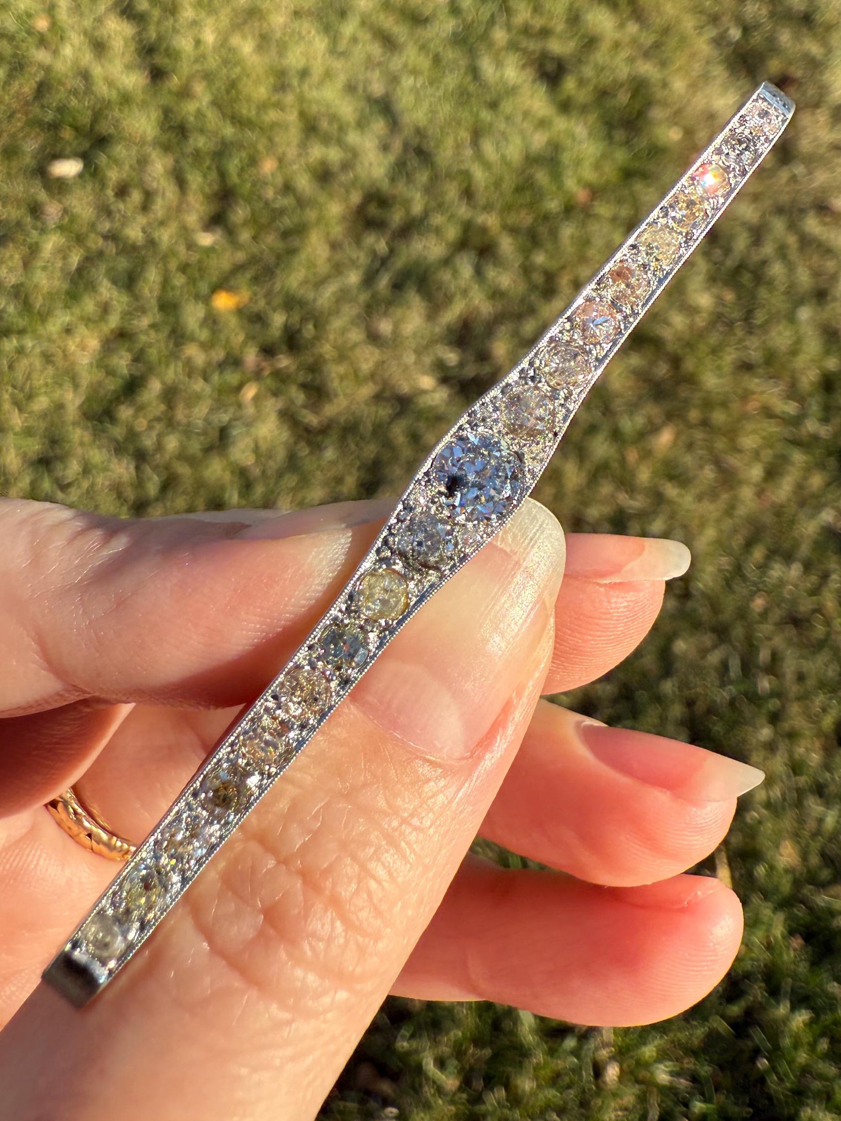 RAINBOW Rare Antique 3.5 Carats Old Mine Cut Natural DIAMOND Pink Yellow Green Bar Brooch 18k Gold Platinum Extender Connector Pendant Conv.