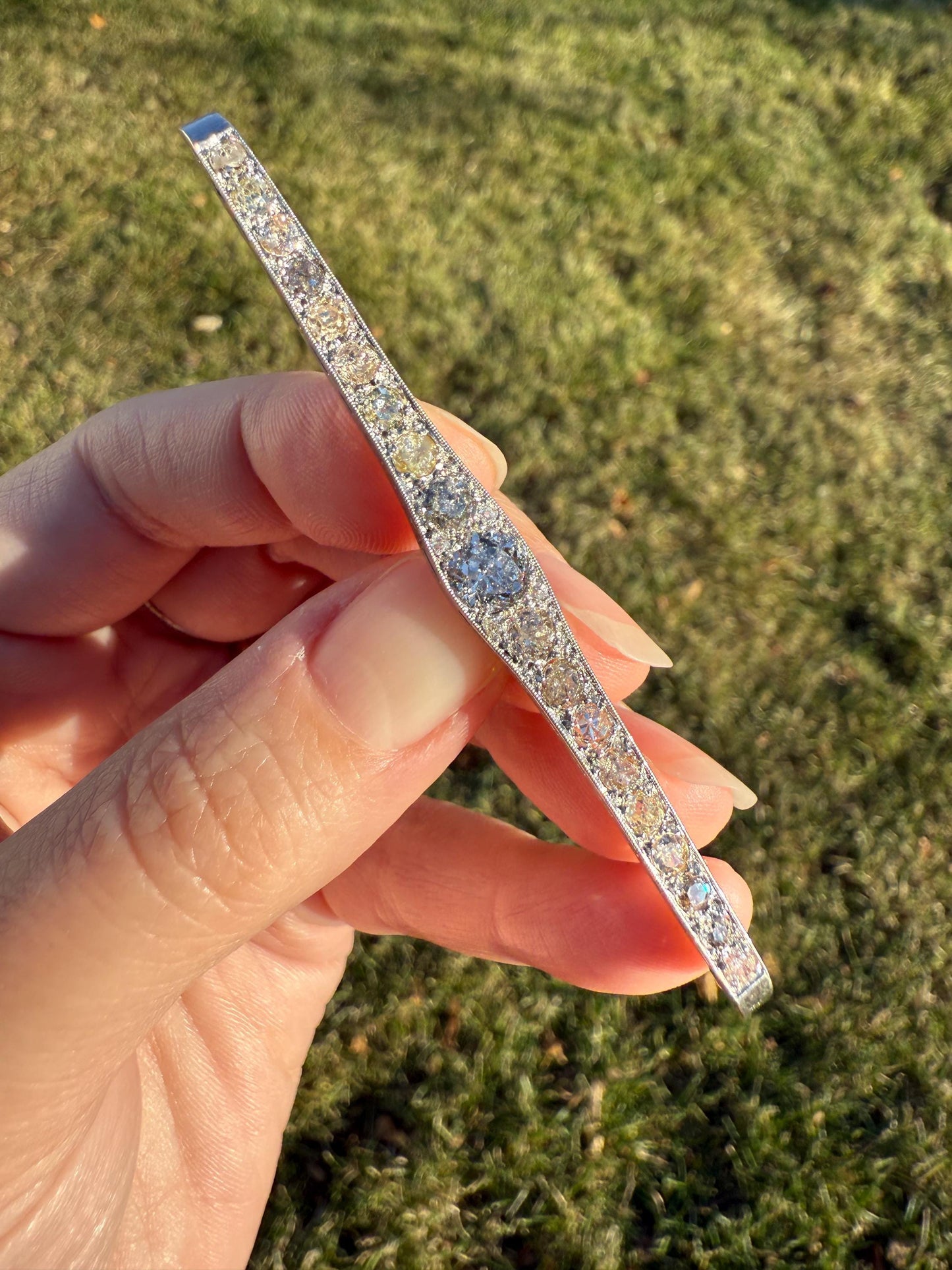 RAINBOW Rare Antique 3.5 Carats Old Mine Cut Natural DIAMOND Pink Yellow Green Bar Brooch 18k Gold Platinum Extender Connector Pendant Conv.