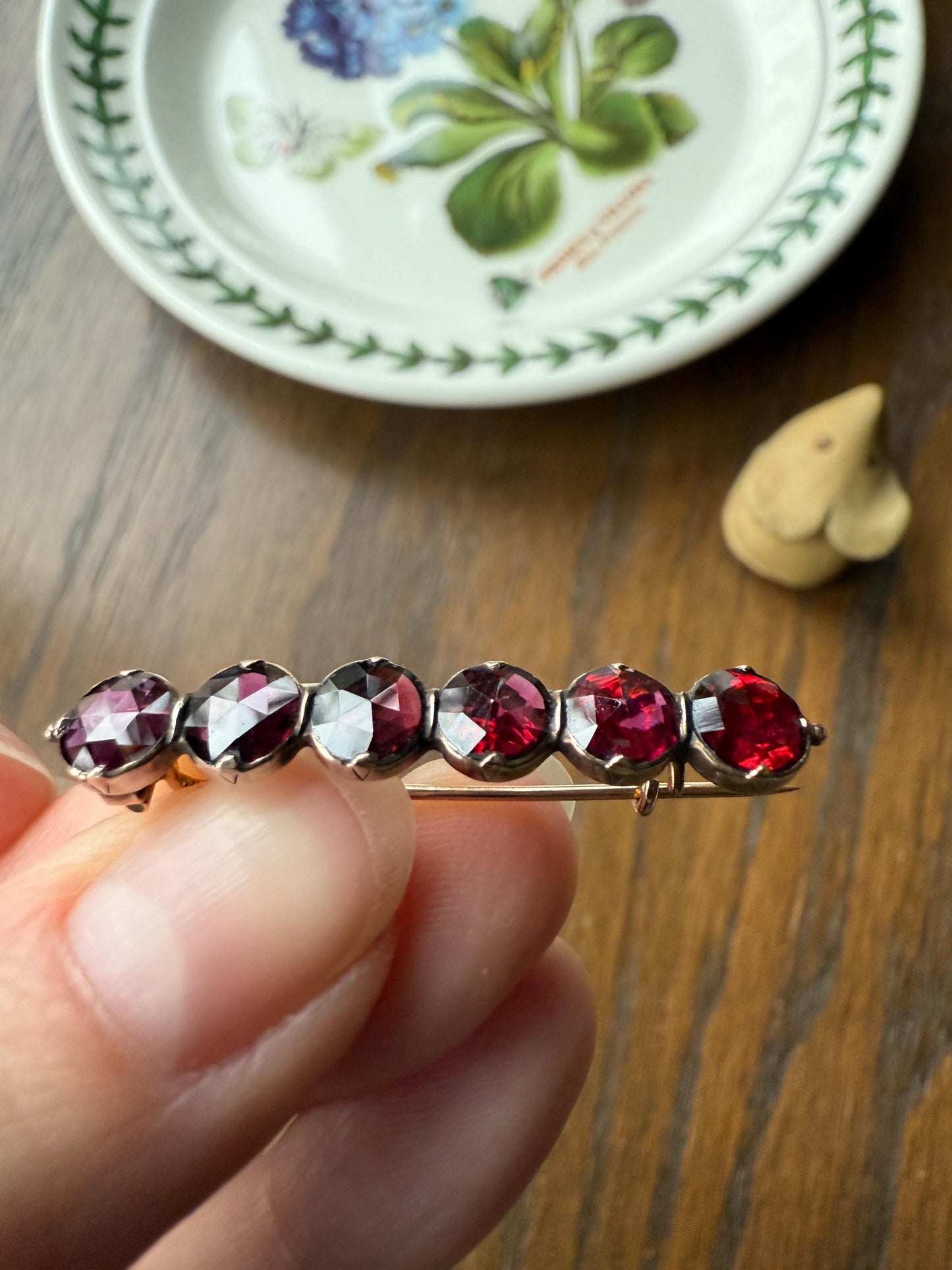 French VICTORIAN Perpignan GARNET Five Stone Bar Brooch Pin 18k Gold Extender Connector for Pendant Conv. Purple Pink Berry Geometric