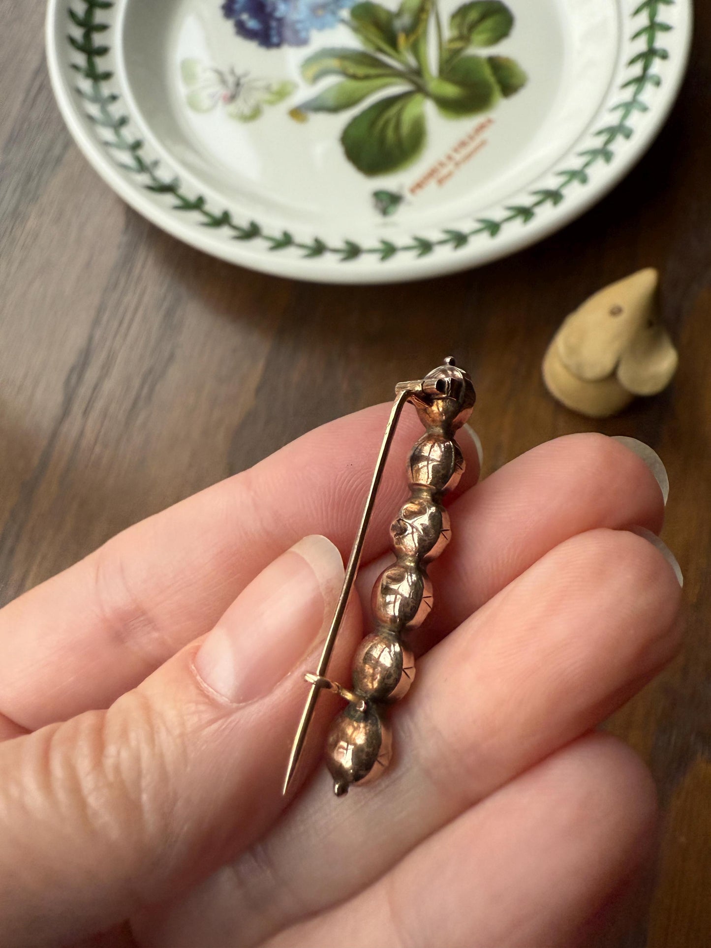 French VICTORIAN Perpignan GARNET Five Stone Bar Brooch Pin 18k Gold Extender Connector for Pendant Conv. Purple Pink Berry Geometric