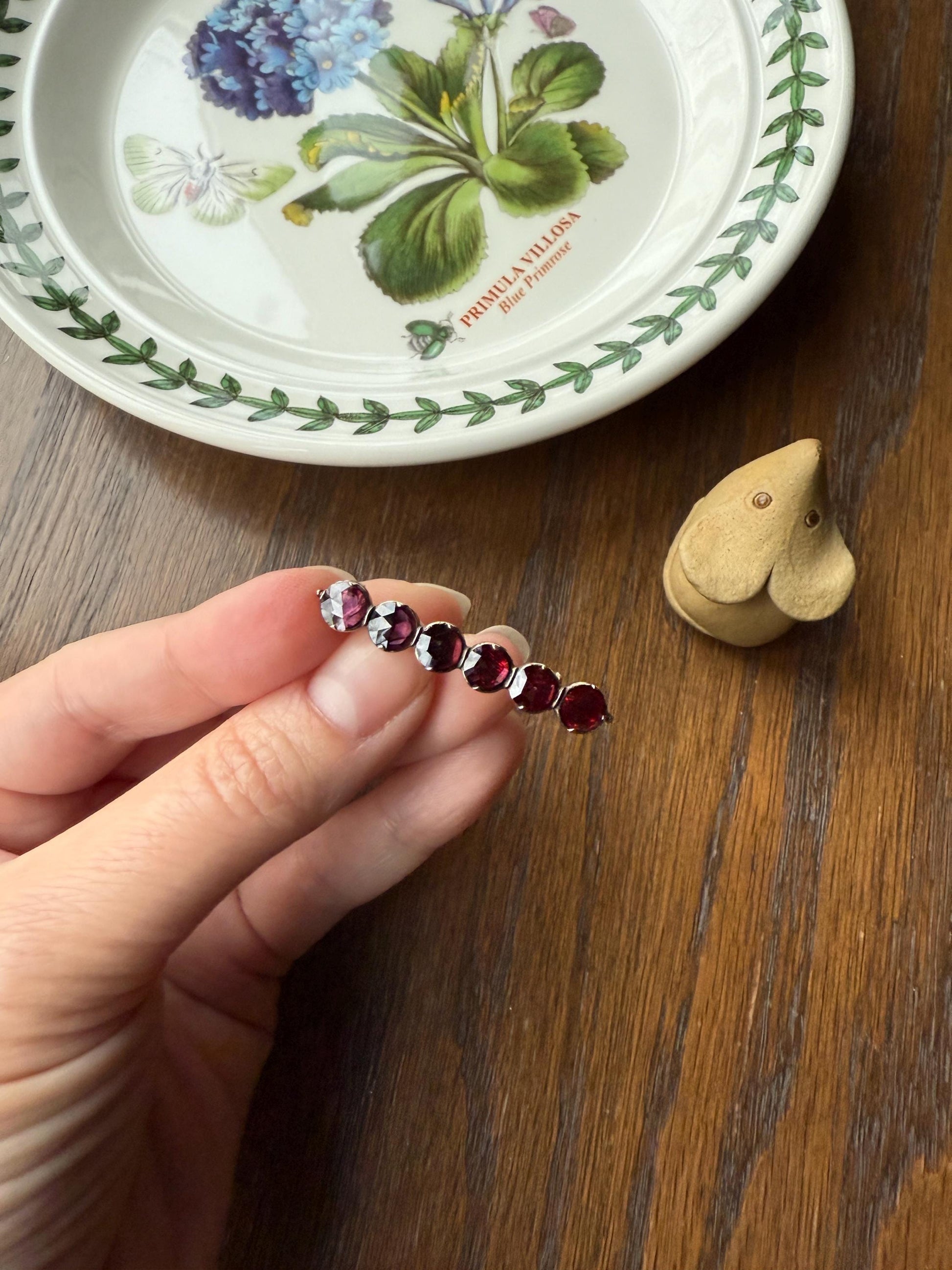 French VICTORIAN Perpignan GARNET Five Stone Bar Brooch Pin 18k Gold Extender Connector for Pendant Conv. Purple Pink Berry Geometric